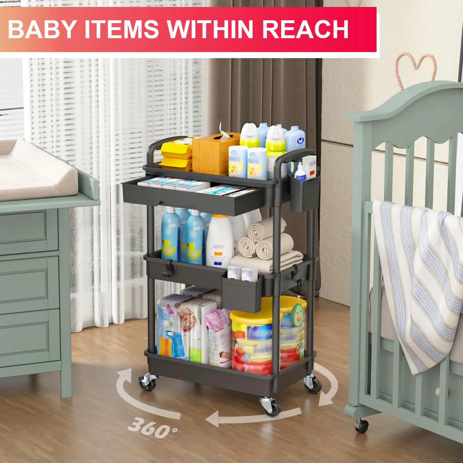 Goovilla 3 Tier Rolling Utility Cart Organizer detail