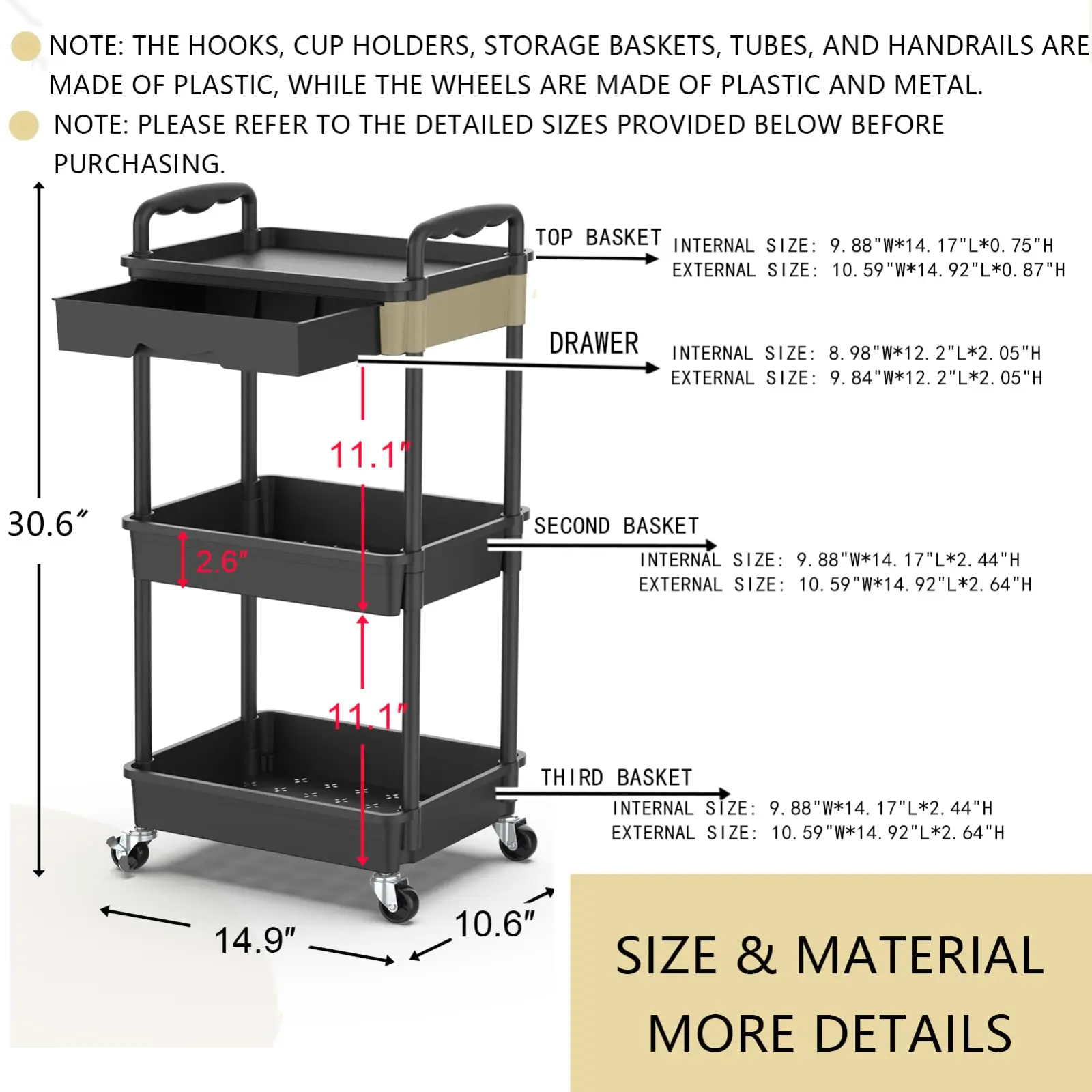 Goovilla 3 Tier Rolling Utility Cart Organizer features