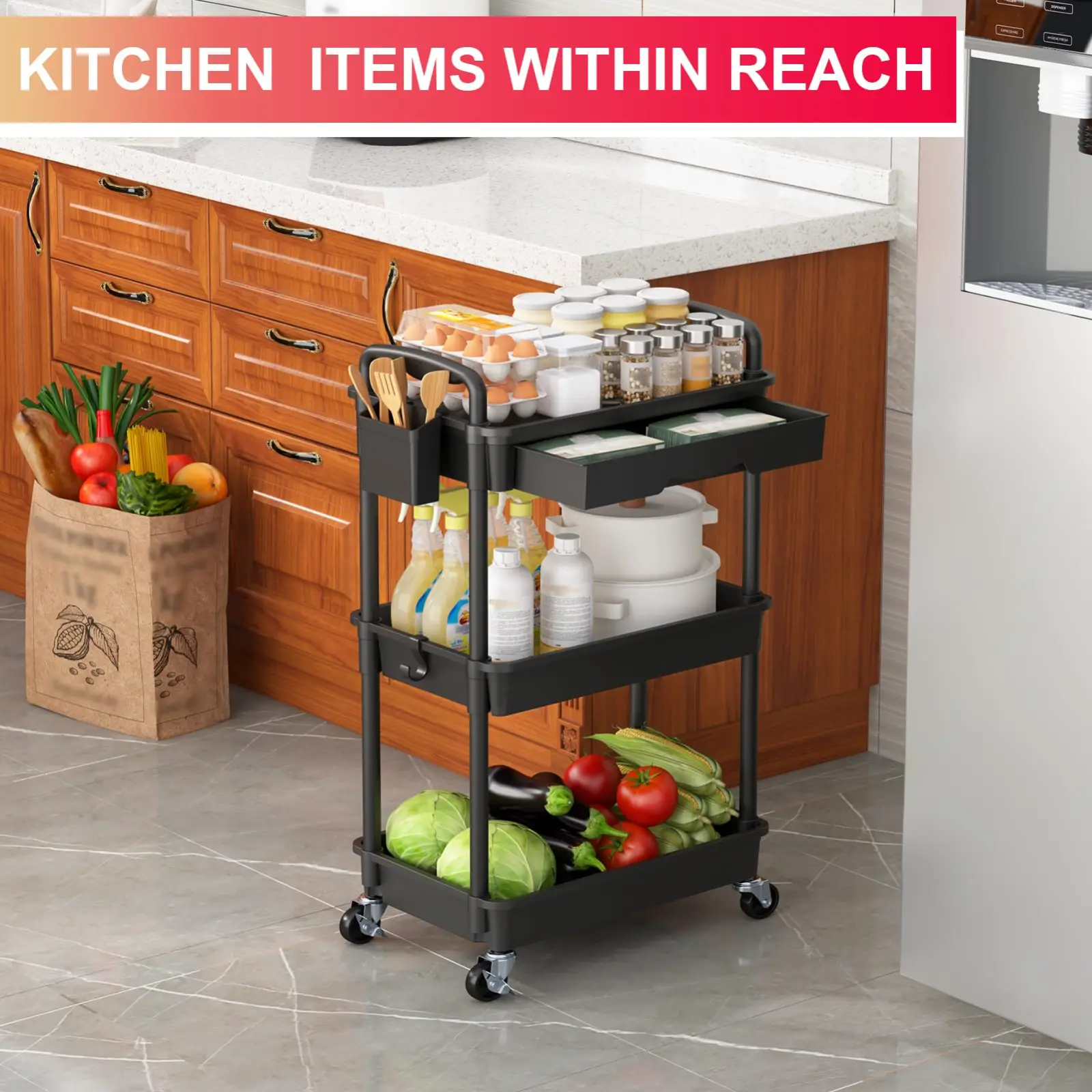 Goovilla 3 Tier Rolling Utility Cart Organizer showcase