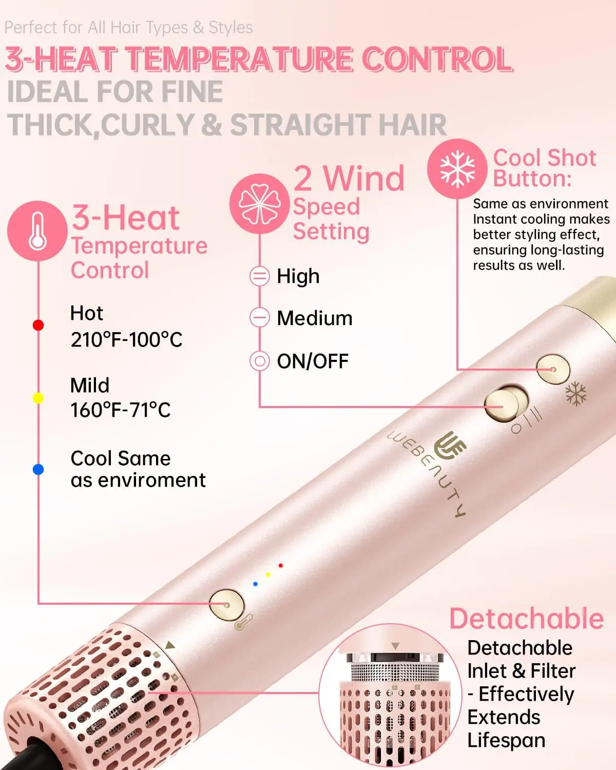 Hair Dryer Brush 8-in-1 Dual Voltage Hot Air Styler features