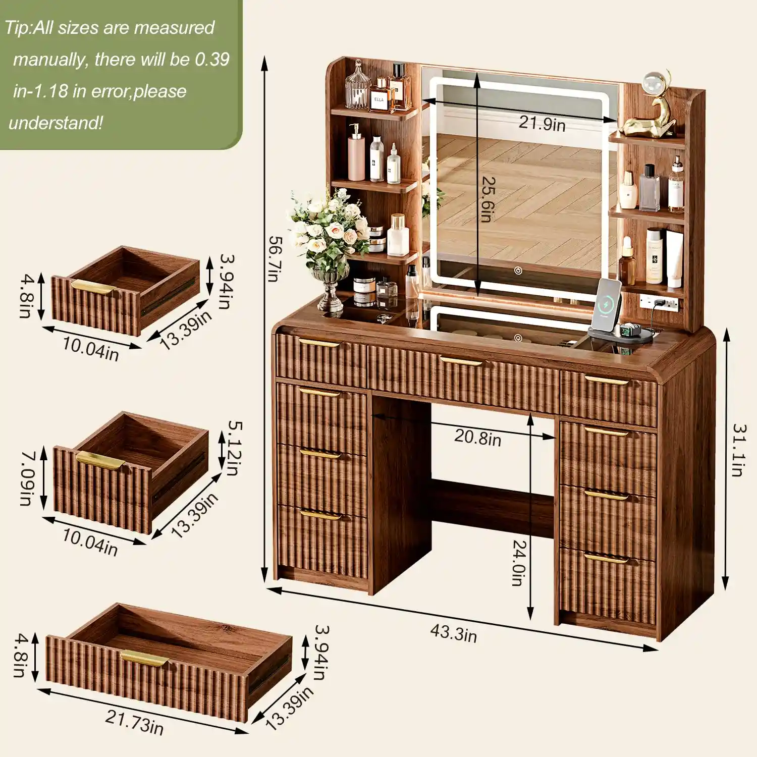 43″ Makeup Vanity Desk with Mirror and Lights&Power Outl detail
