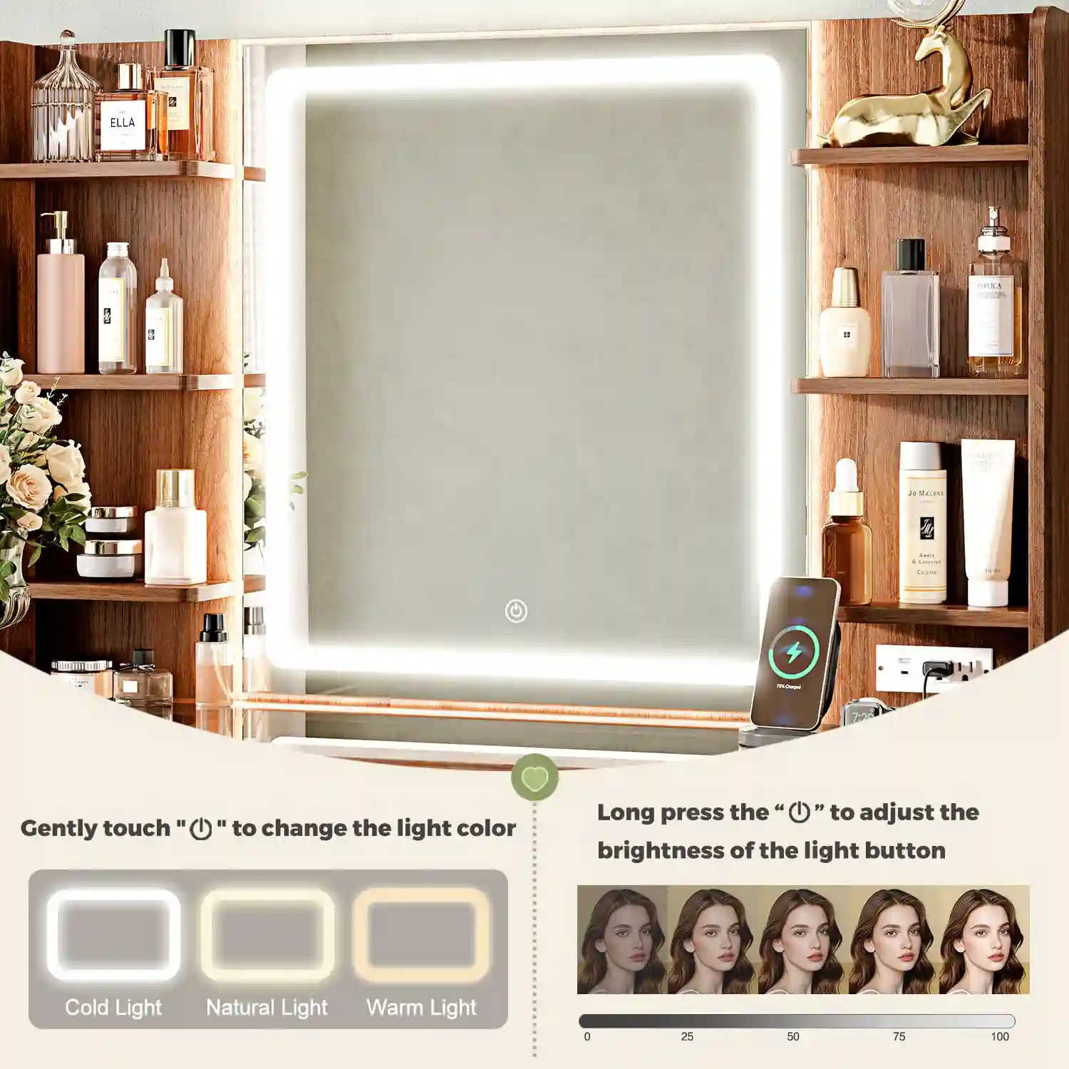 43″ Makeup Vanity Desk with Mirror and Lights&Power Outl features