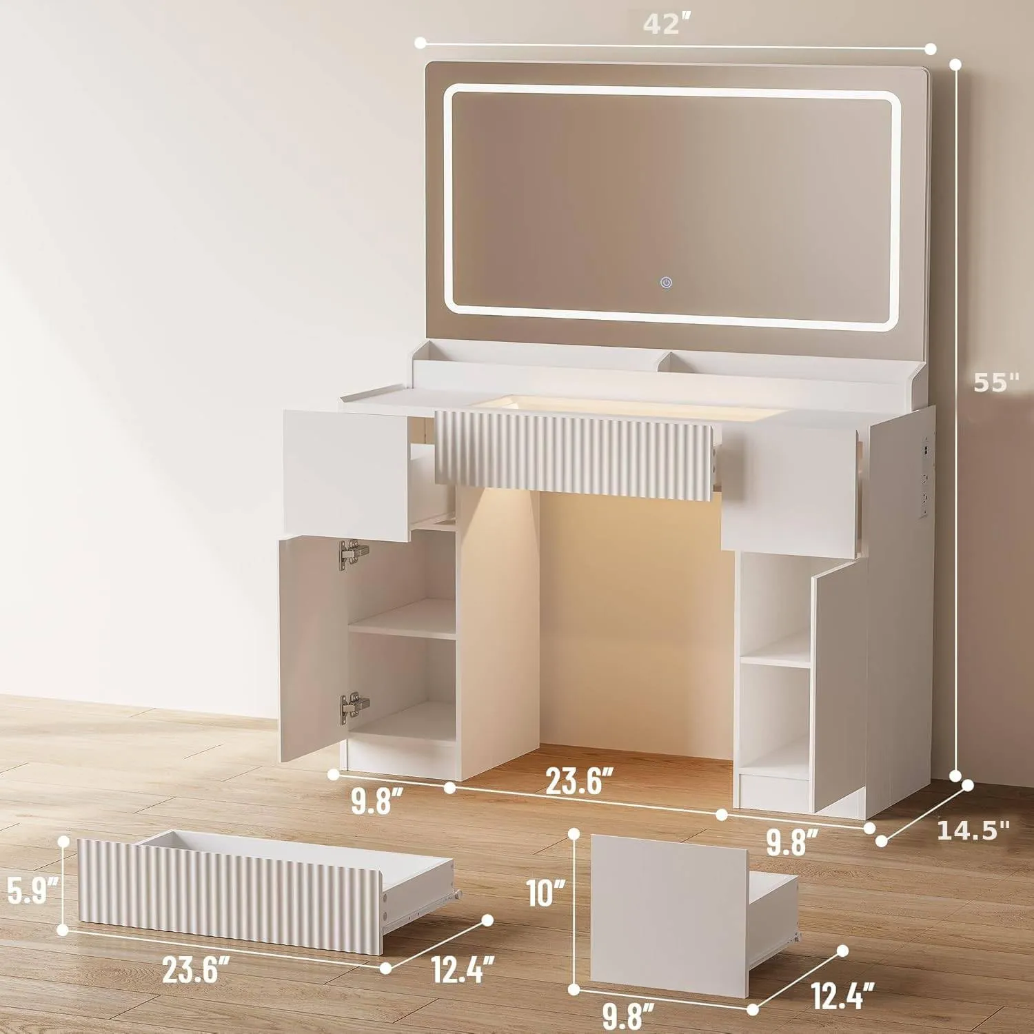 44″ Vanity Desk with Large Mirror and Lights, detail