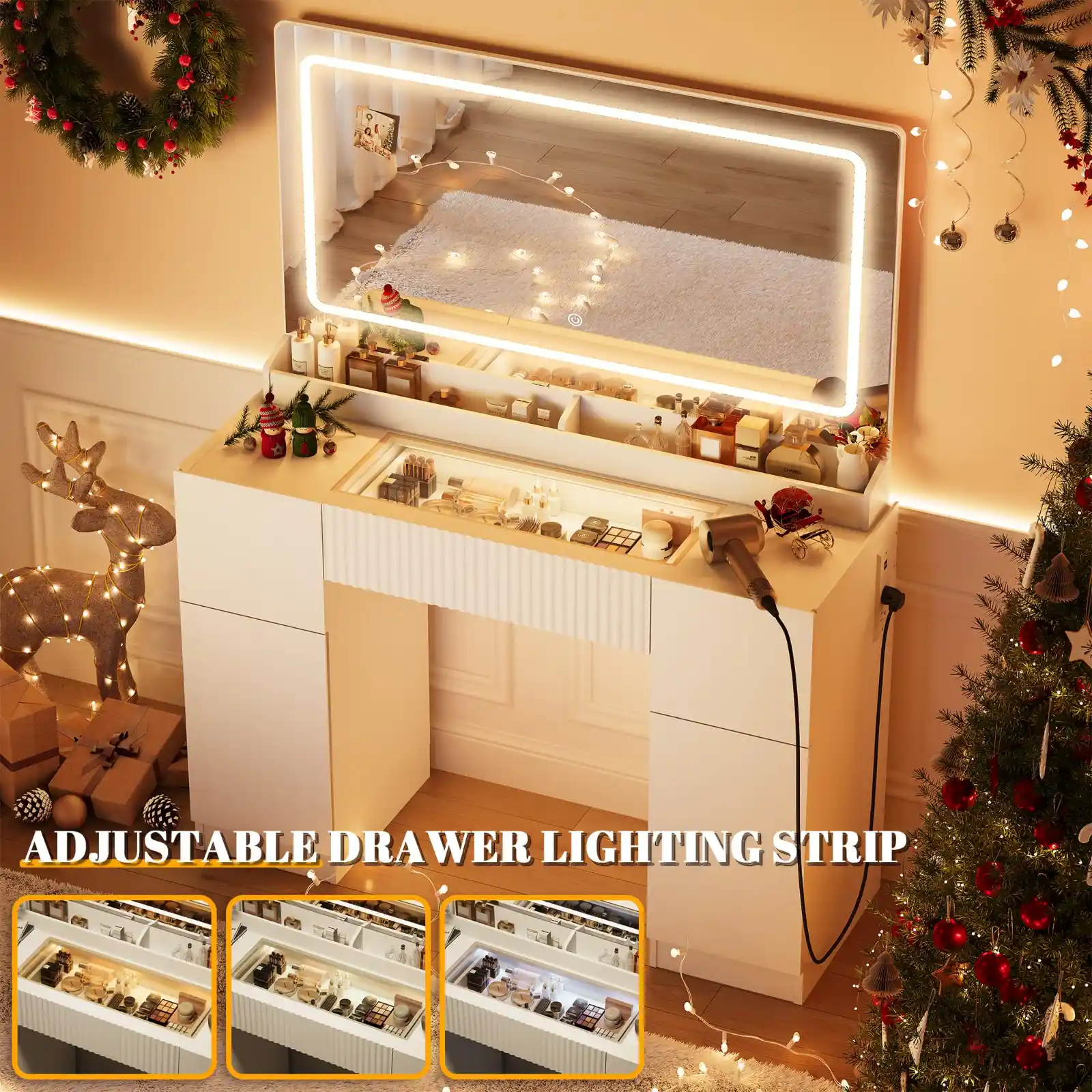 44″ Vanity Desk with Large Mirror and Lights, showcase