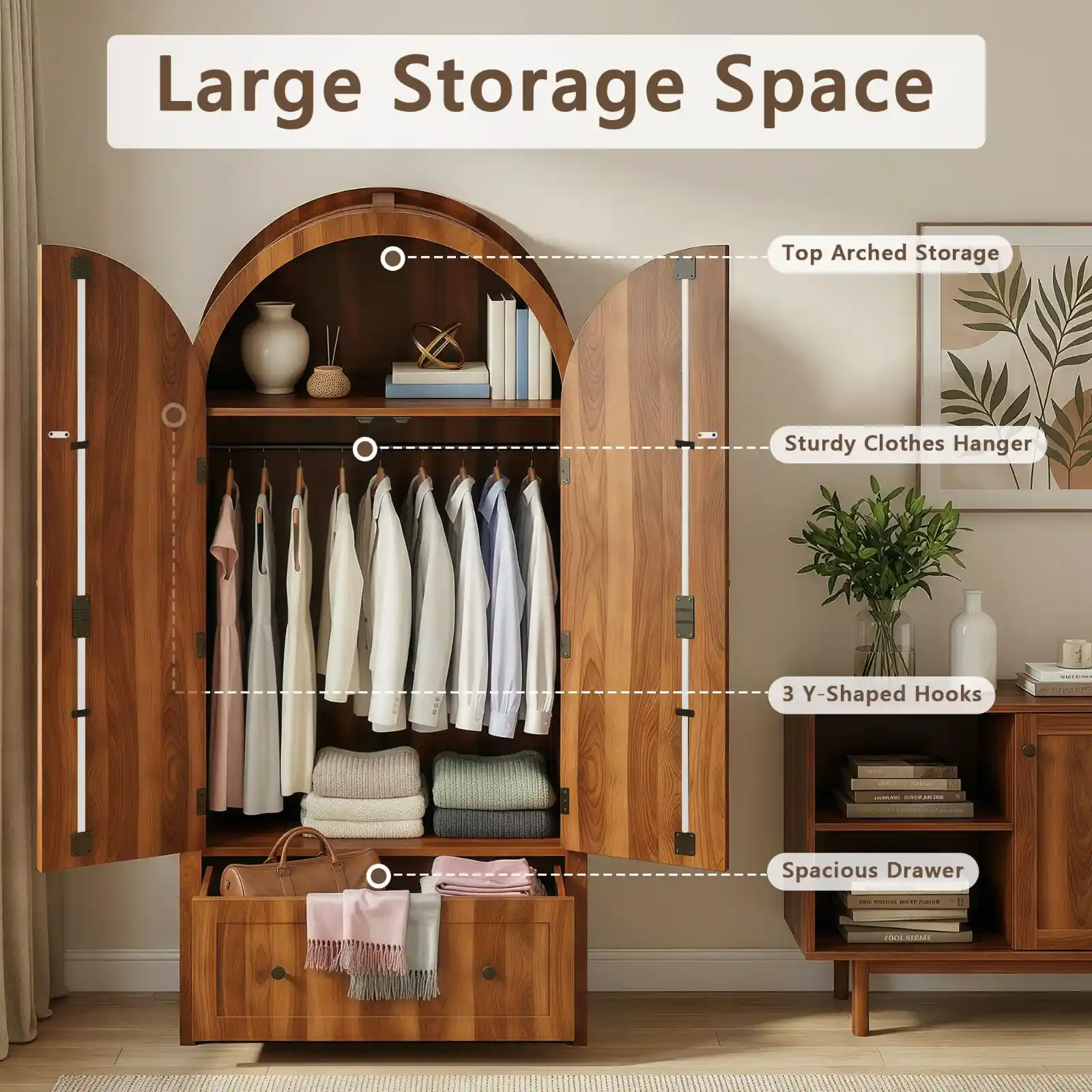 Einhomn Armoire Wardrobe Closet with Drawer & 2 Arched Doors detail
