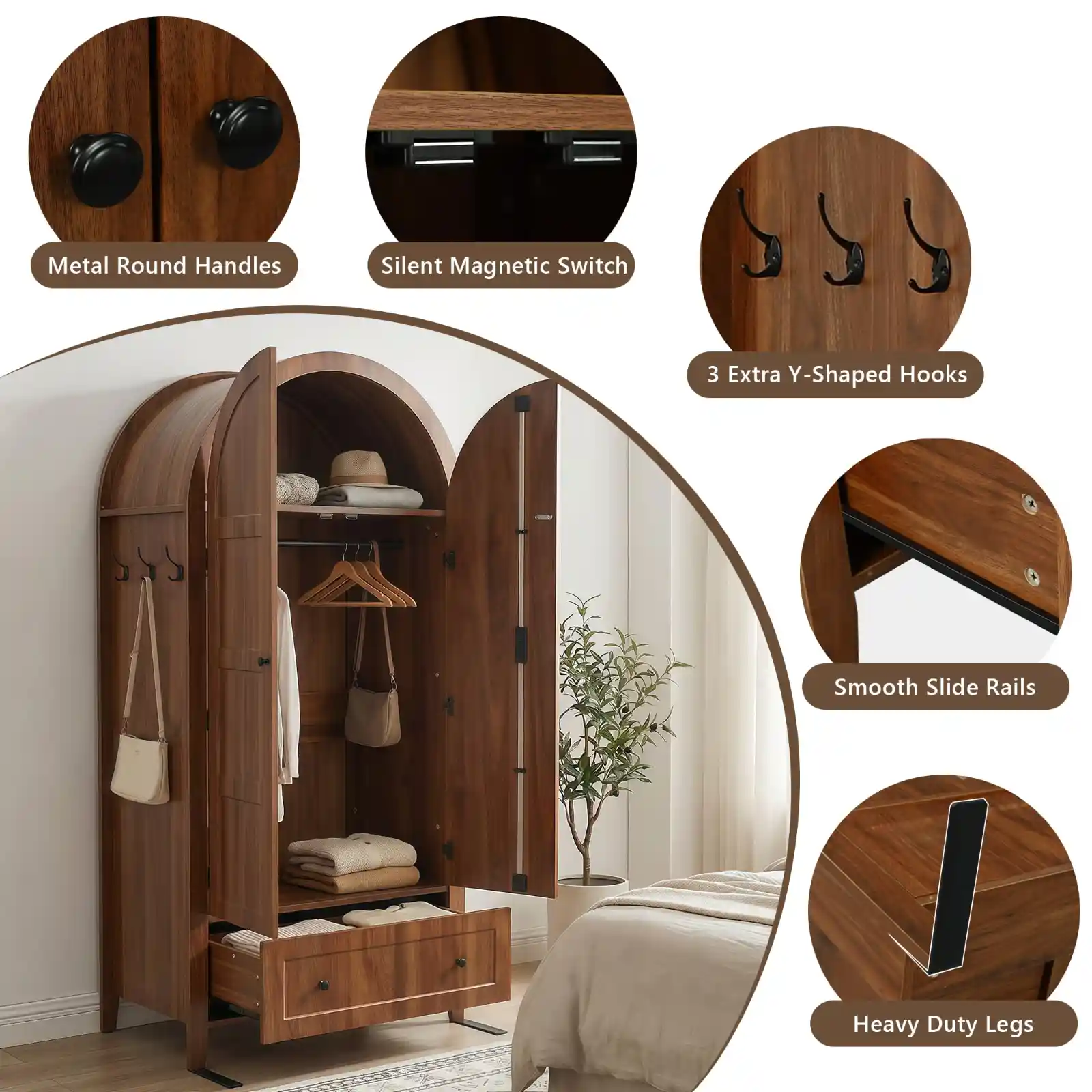 Einhomn Armoire Wardrobe Closet with Drawer & 2 Arched Doors showcase