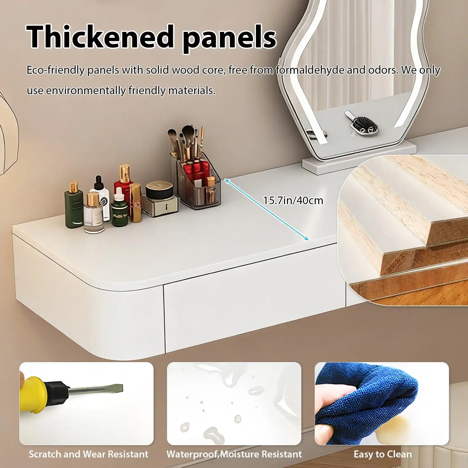 Fully Assembled Floating Makeup Vanity Desk features