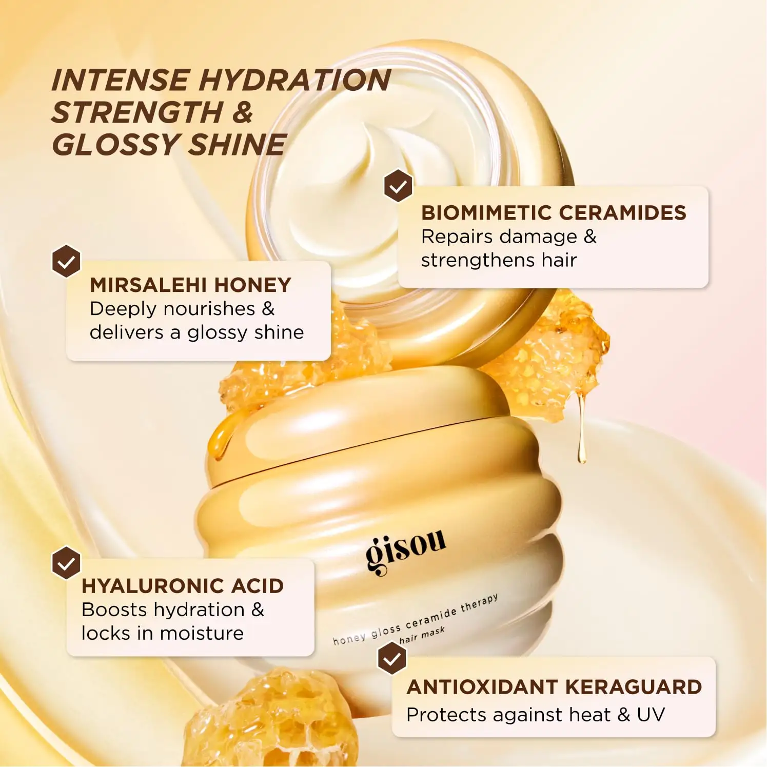 Gisou Honey Gloss Hair Therapy Trio – Mini Shampoo, Hair Mask and Conditioner features