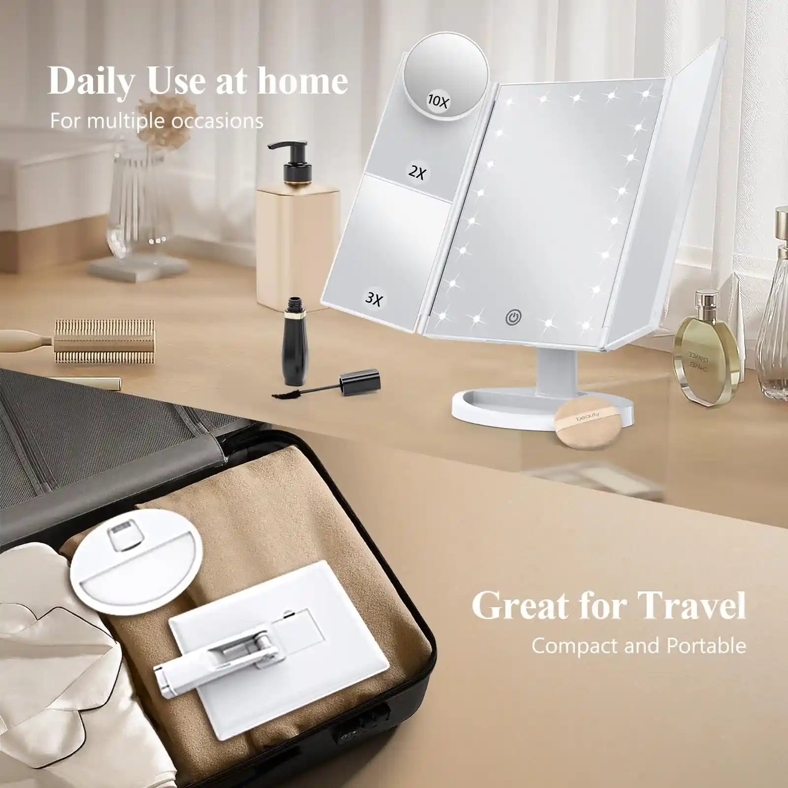 HUONUL Makeup Mirror, Vanity Mirror with Lights, 2X/3X/10X Magnification showcase