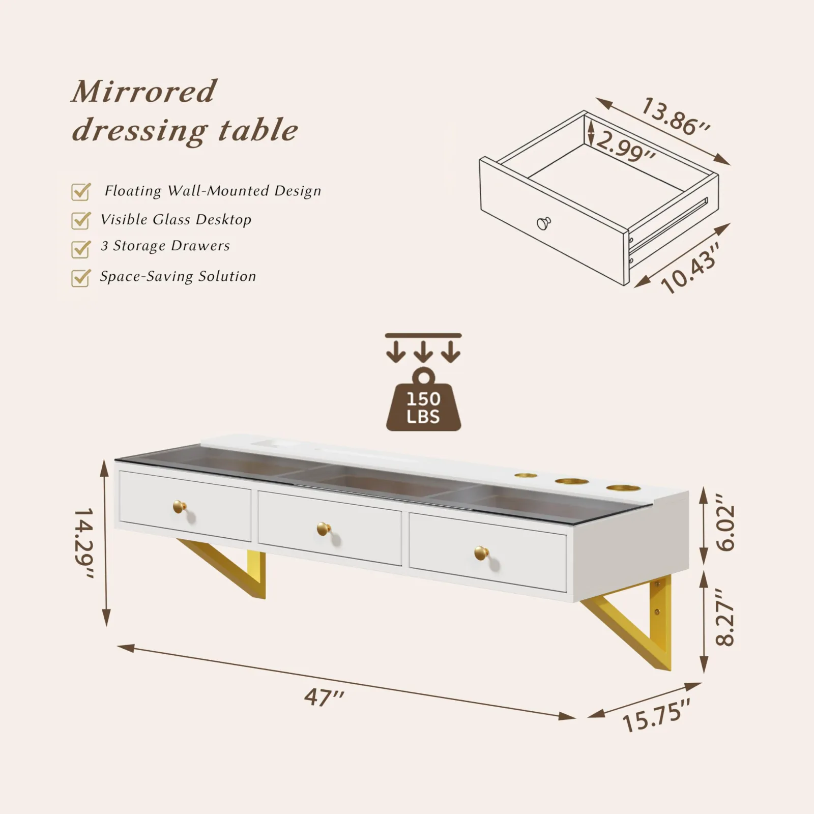 IEO 47″ Floating Vanity Makeup Table,Wall Mounted Desk with 3 Drawers detail
