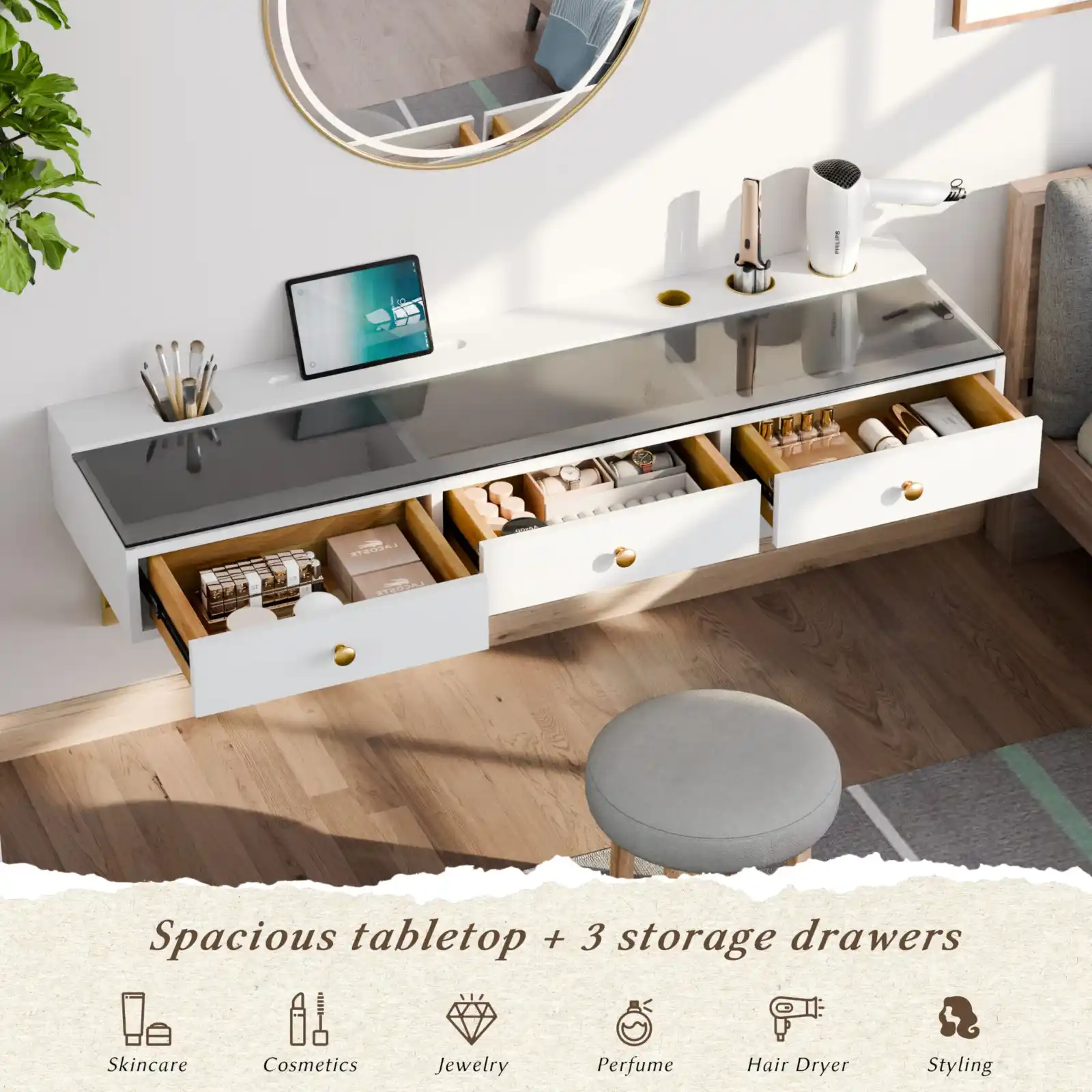 IEO 47″ Floating Vanity Makeup Table,Wall Mounted Desk with 3 Drawers showcase