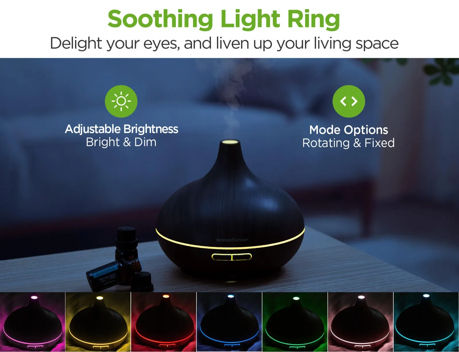 InnoGear Aromatherapy Diffuser & 10 Essential Oils Set features