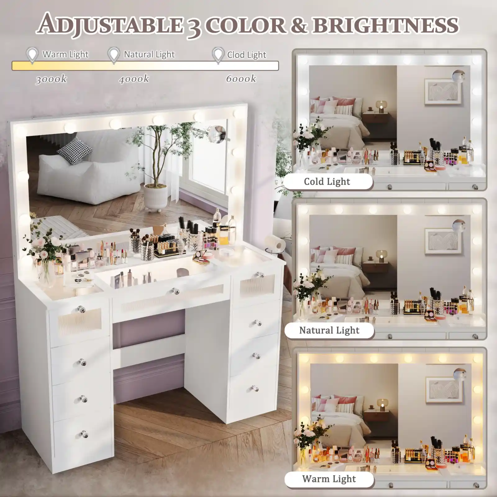Makeup Vanity Desk with LED Lights and Large 36.9’’ Mirror features