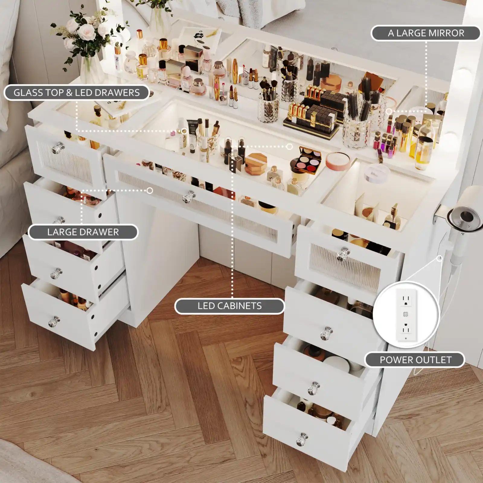 Makeup Vanity Desk with LED Lights and Large 36.9’’ Mirror showcase