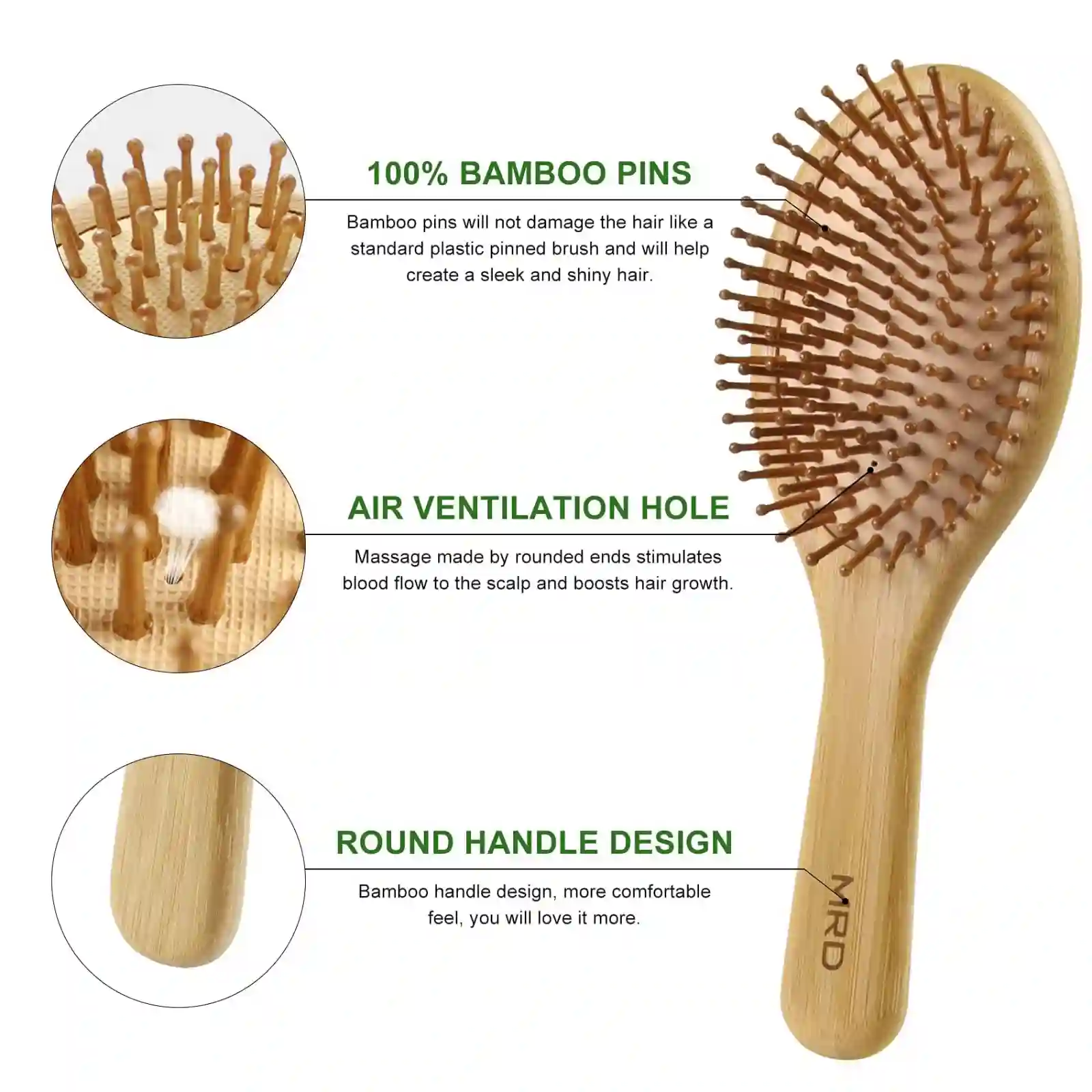 MRD Hair Brush Set, Natural Bamboo Comb Paddle features