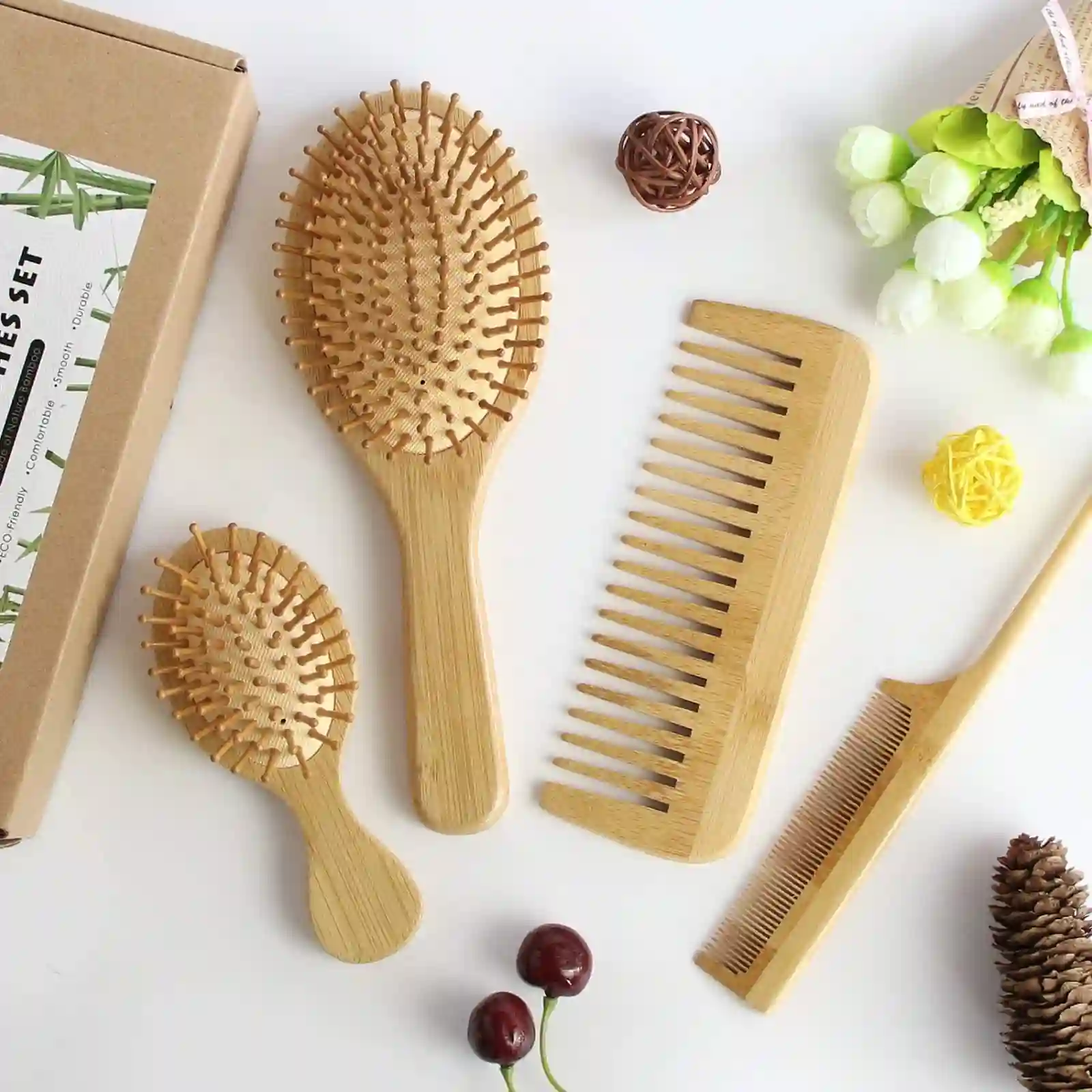 MRD Hair Brush Set, Natural Bamboo Comb Paddle texture