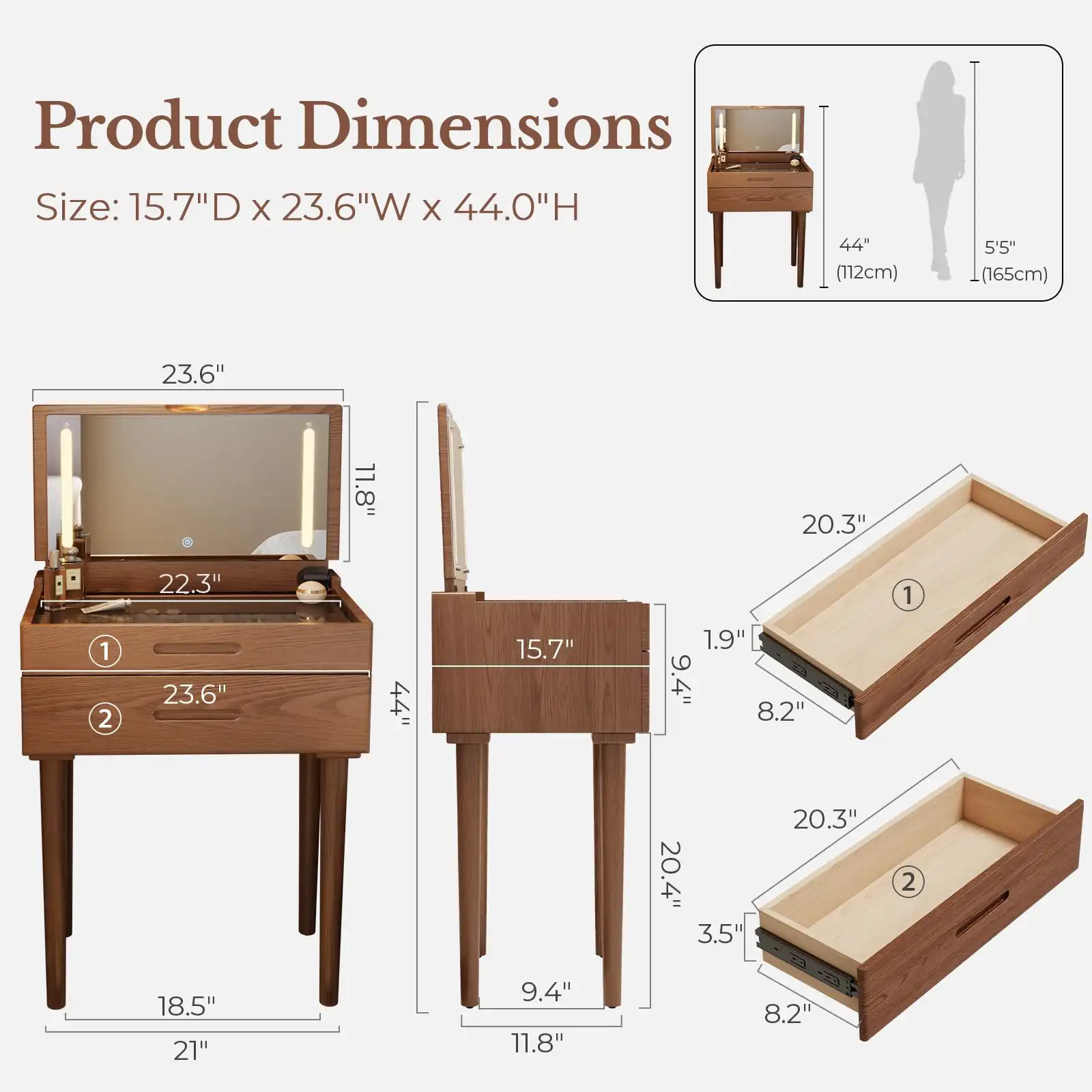 Solid Wood Small Vanity Desk with Mirror and Lights detail
