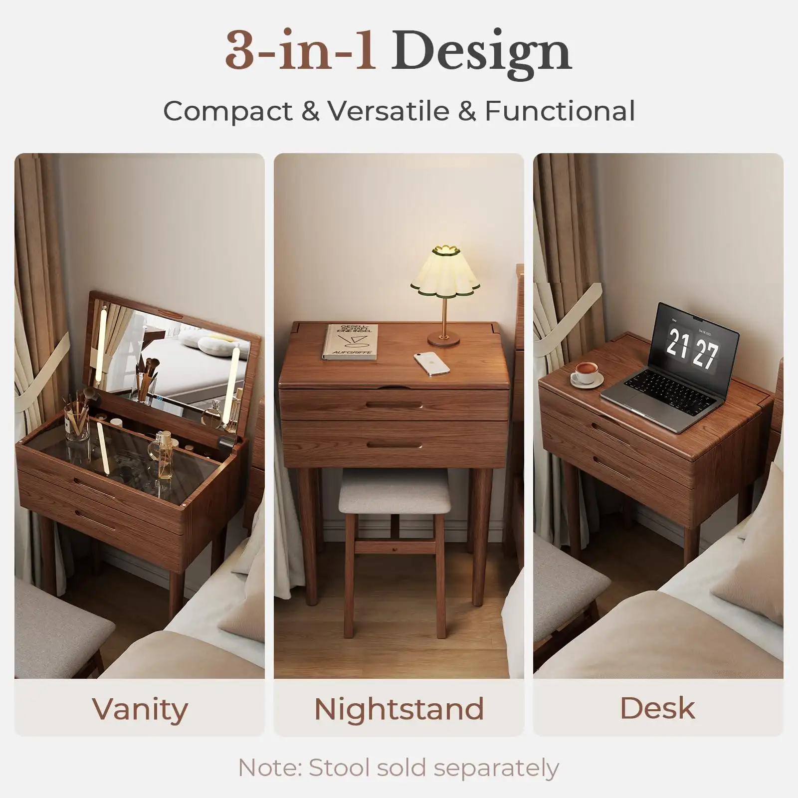 Solid Wood Small Vanity Desk with Mirror and Lights showcase
