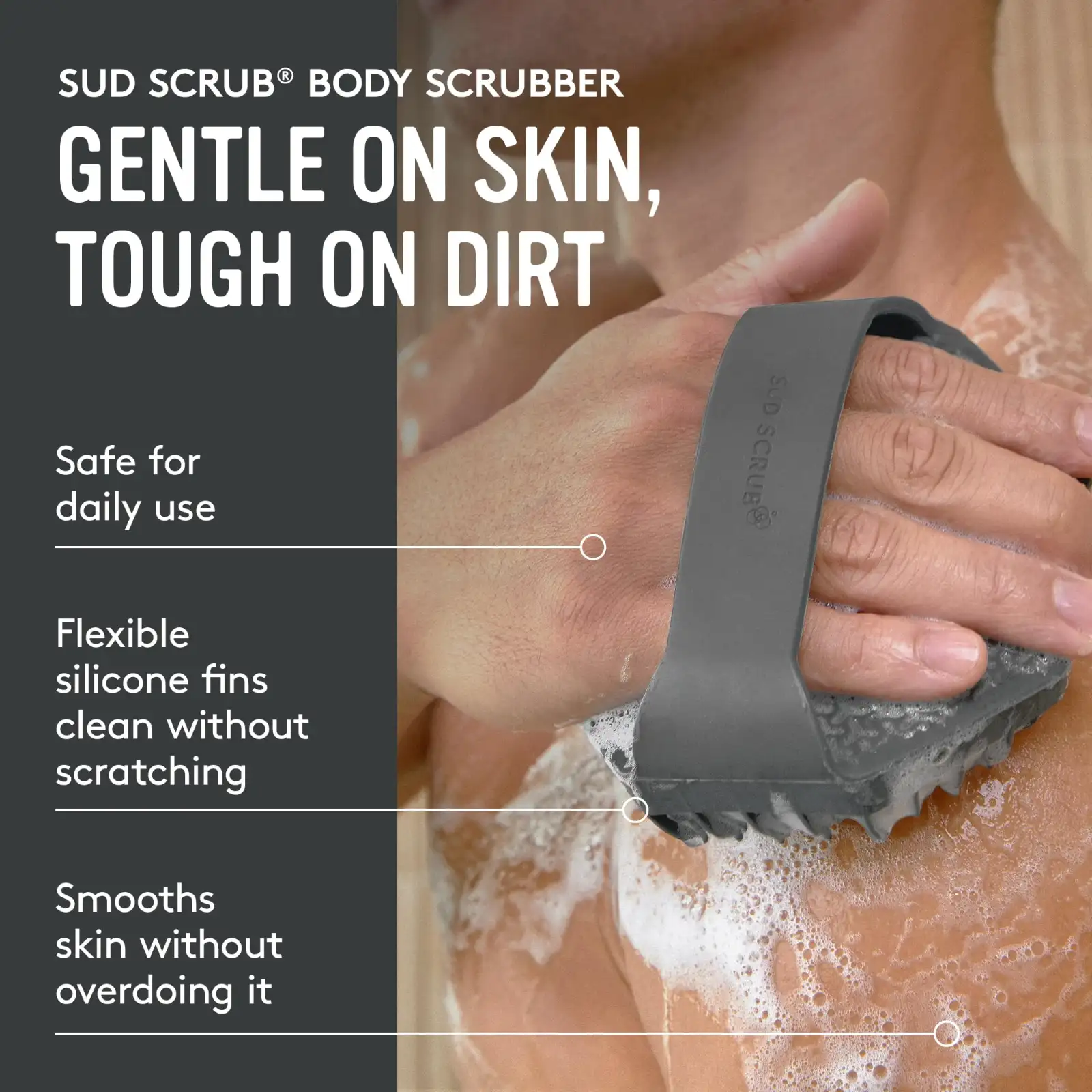 Sud Scrub Antimicrobial Silicone Body Scrubber features