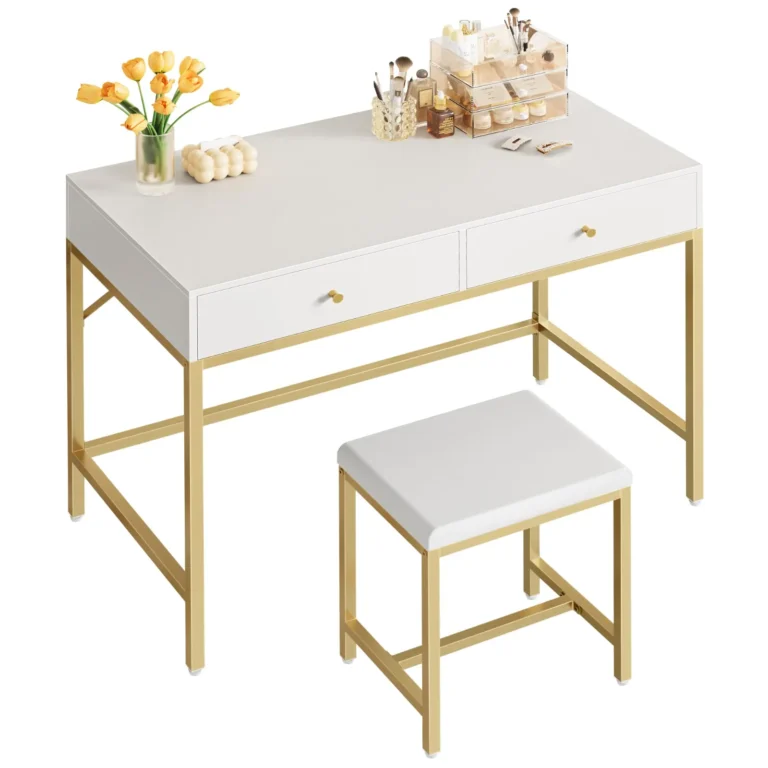 SUPERJARE 35.4″ White and Gold Desk with 2 Drawers review