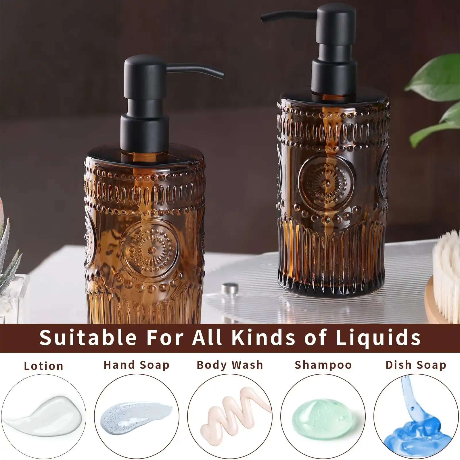 17 OZ Sunflower Embossed Glass Soap Dispenser features