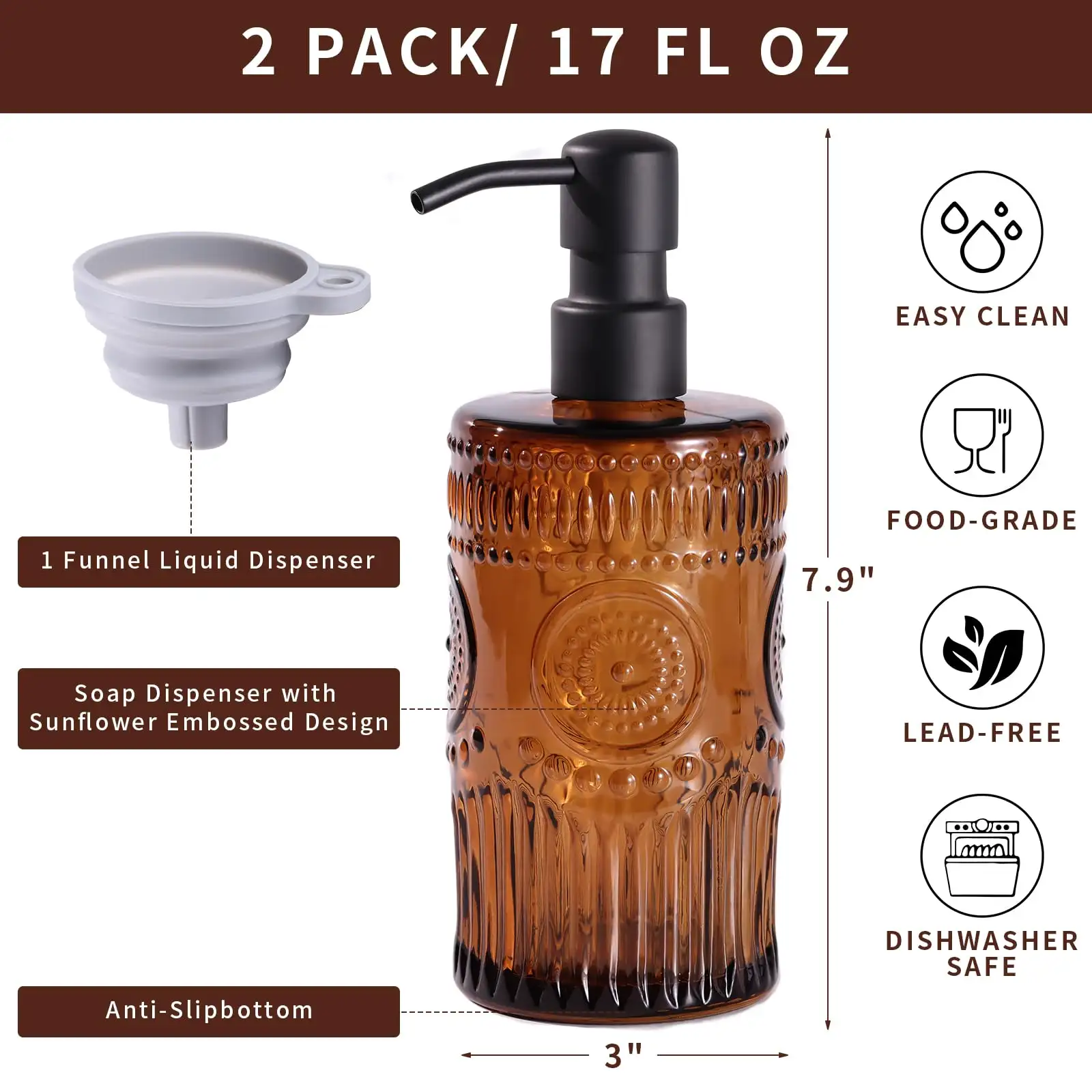 17 OZ Sunflower Embossed Glass Soap Dispenser showcase