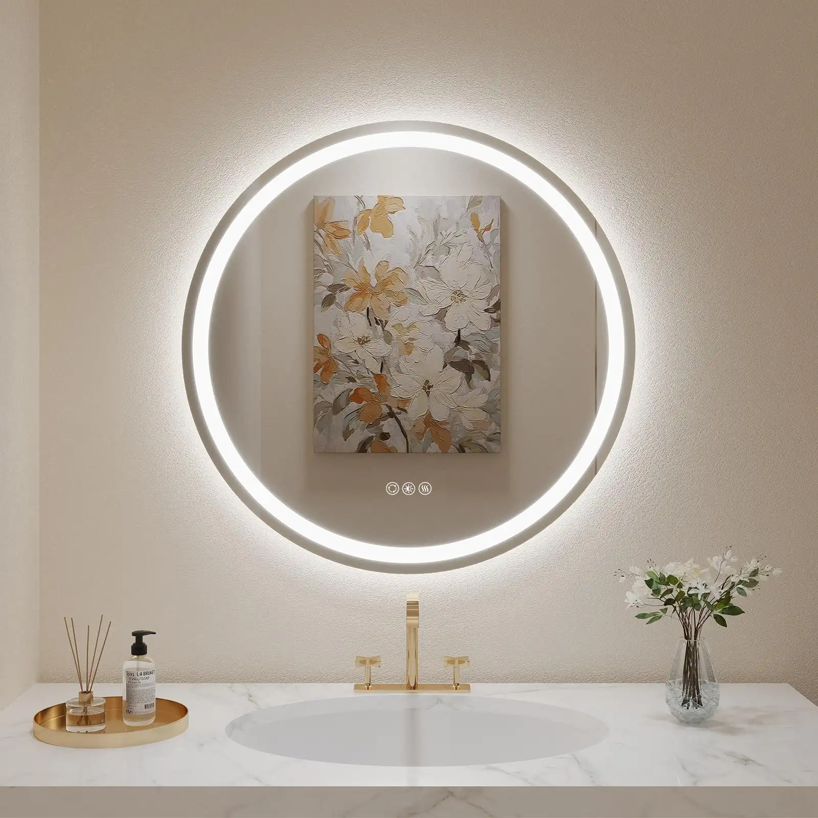 30 Inch Round Backlit Bathroom Mirror with Lights packaging