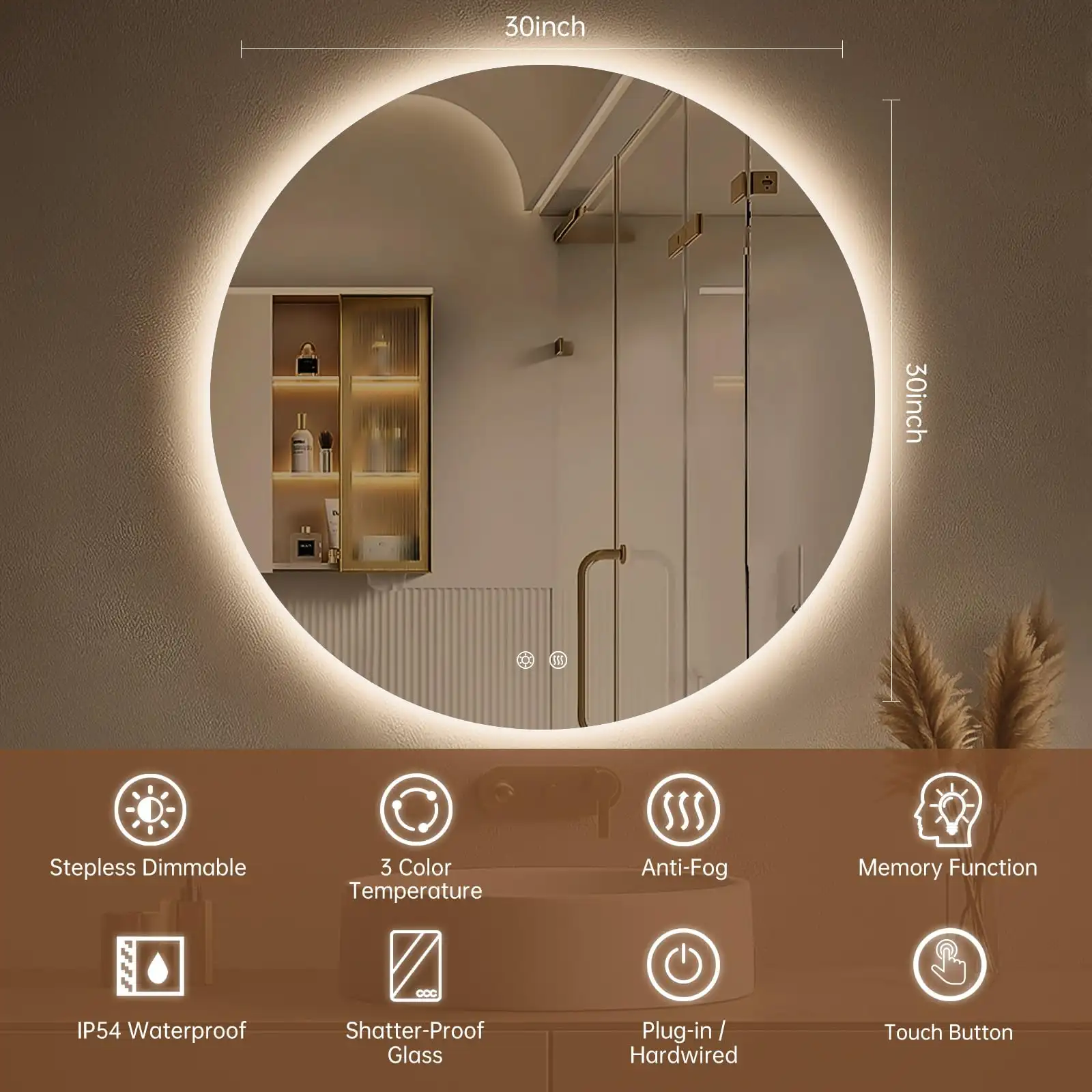 30 Inch Round Backlit Bathroom Mirror with Lights unboxing
