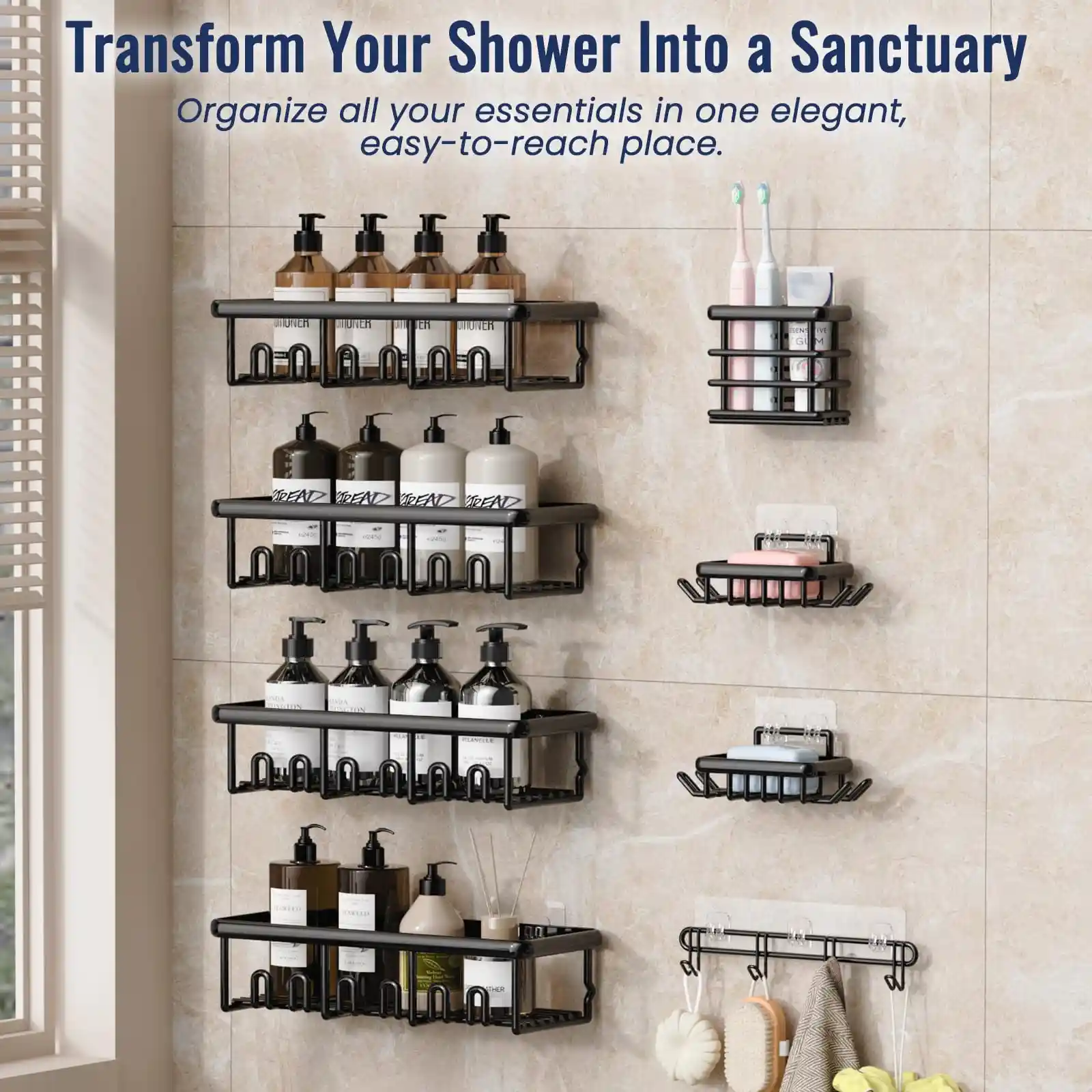 8 Pack Adhesive Rustproof Shower Caddy with Soap Dishes features