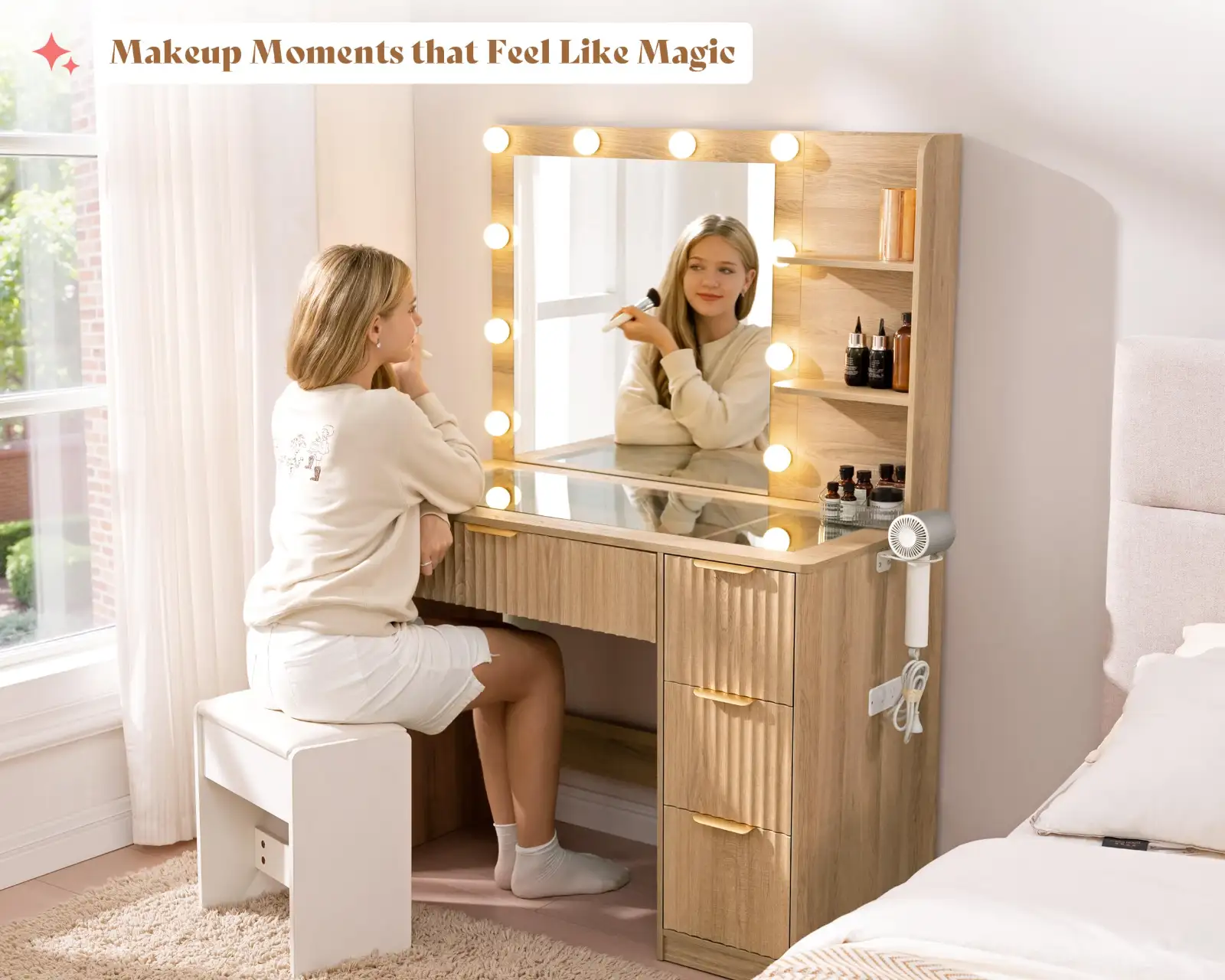 AMERLIFE 36.2″ Fluted Vanity Desk with Mirror and Adjustable LED Lights features