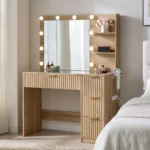 AMERLIFE 36.2″ Fluted Vanity Desk with Mirror and Adjustable LED Lights