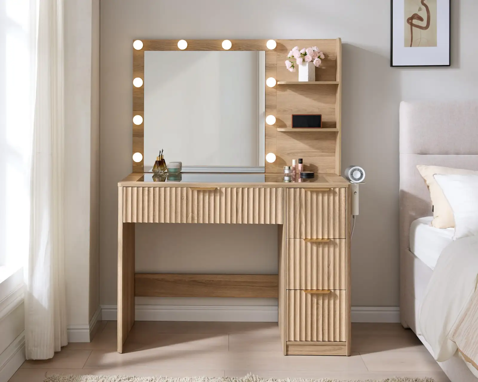 AMERLIFE 36.2″ Fluted Vanity Desk with Mirror and Adjustable LED Lights showcase
