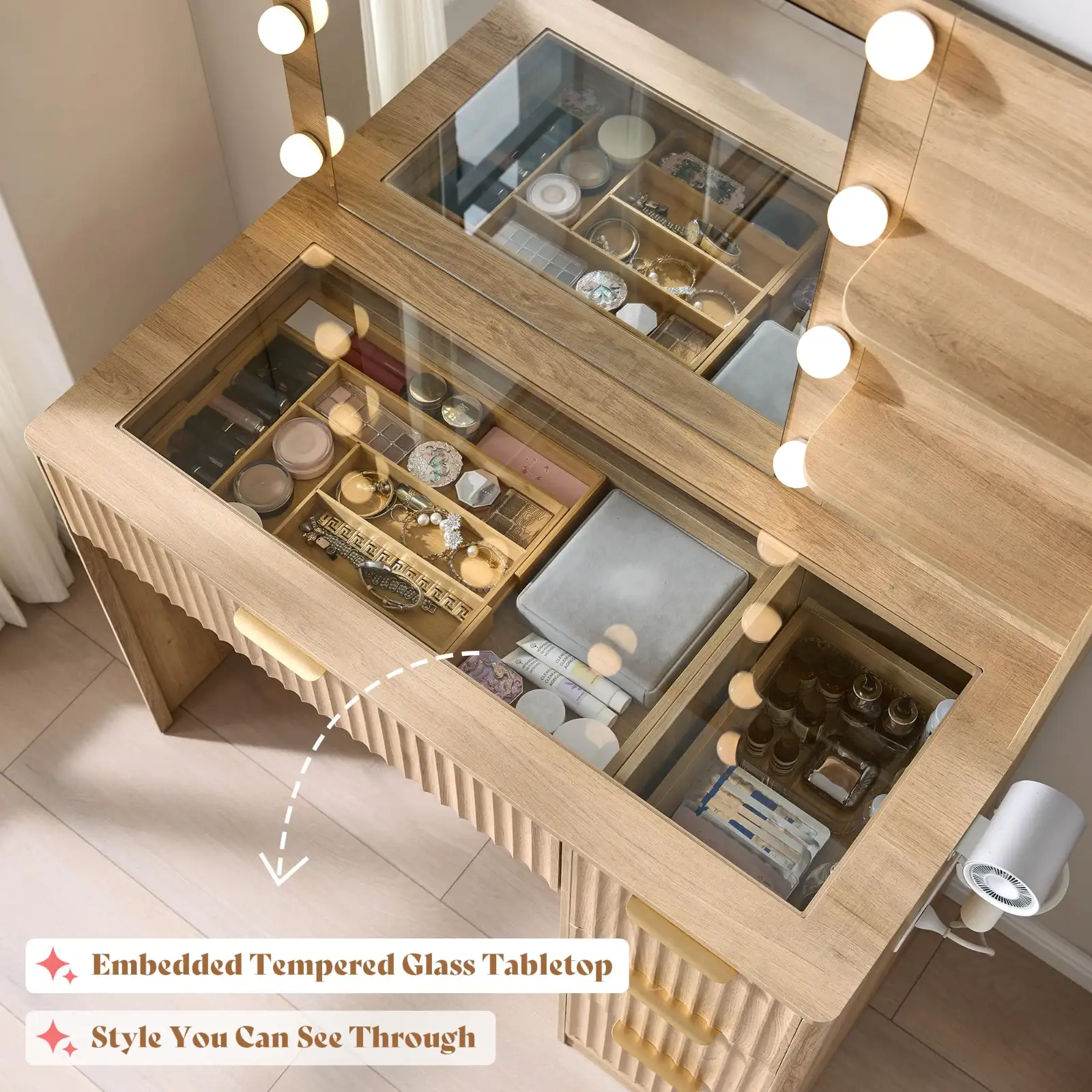 AMERLIFE 36.2″ Fluted Vanity Desk with Mirror and Adjustable LED Lights unboxing