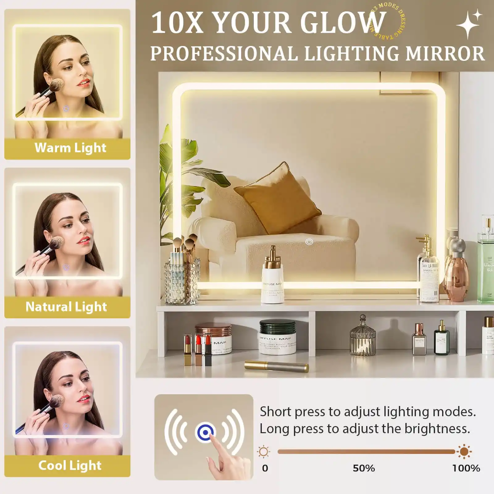 COMHOMA Vanity Desk with Mirror and Lights, Makeup Vanity Table features