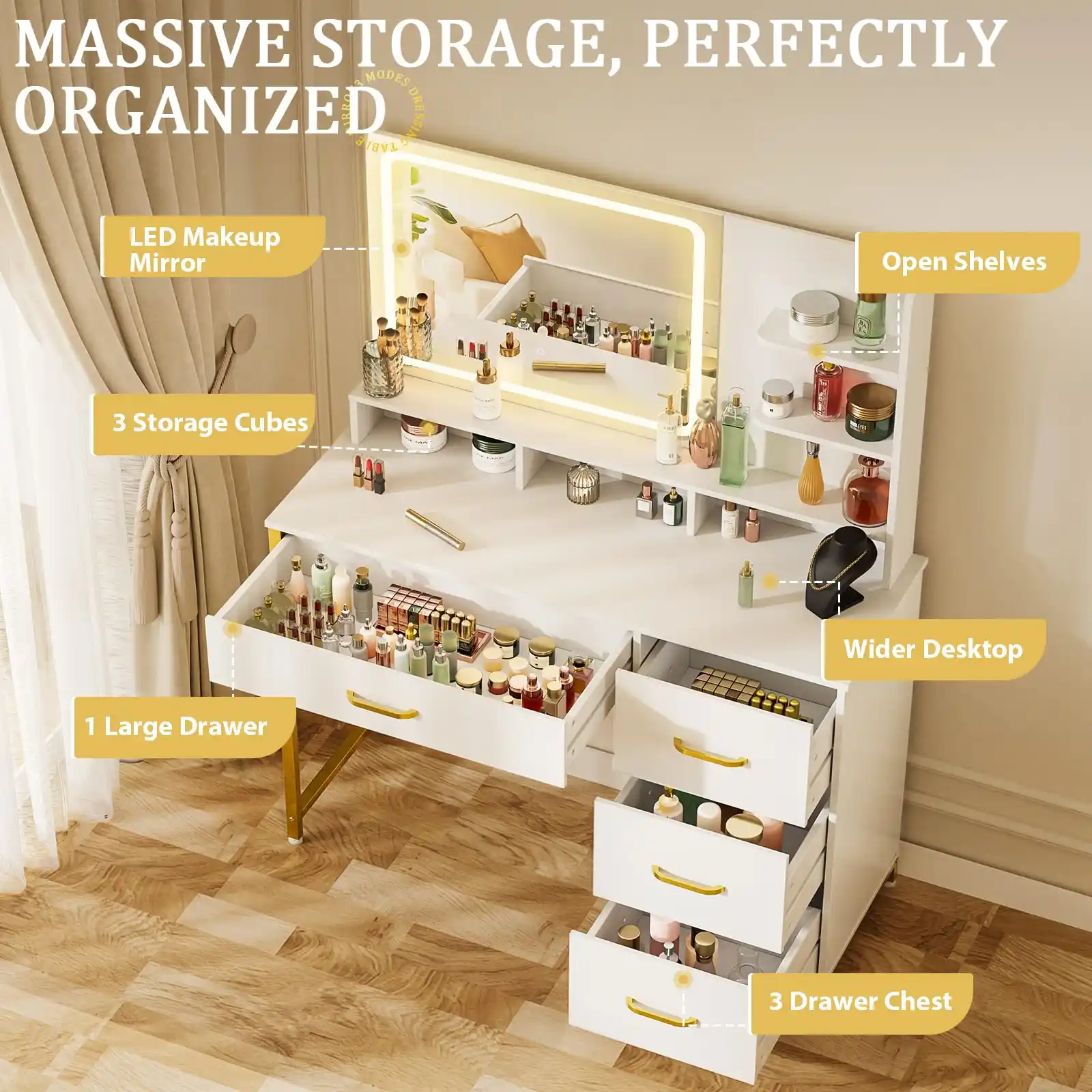 COMHOMA Vanity Desk with Mirror and Lights, Makeup Vanity Table showcase