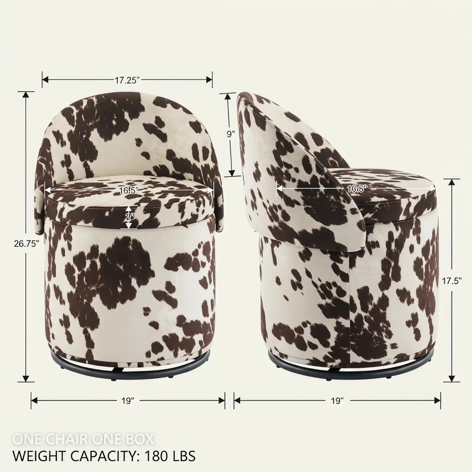 Cow Print Swivel Vanity Chair with Storage and Folding Back detail