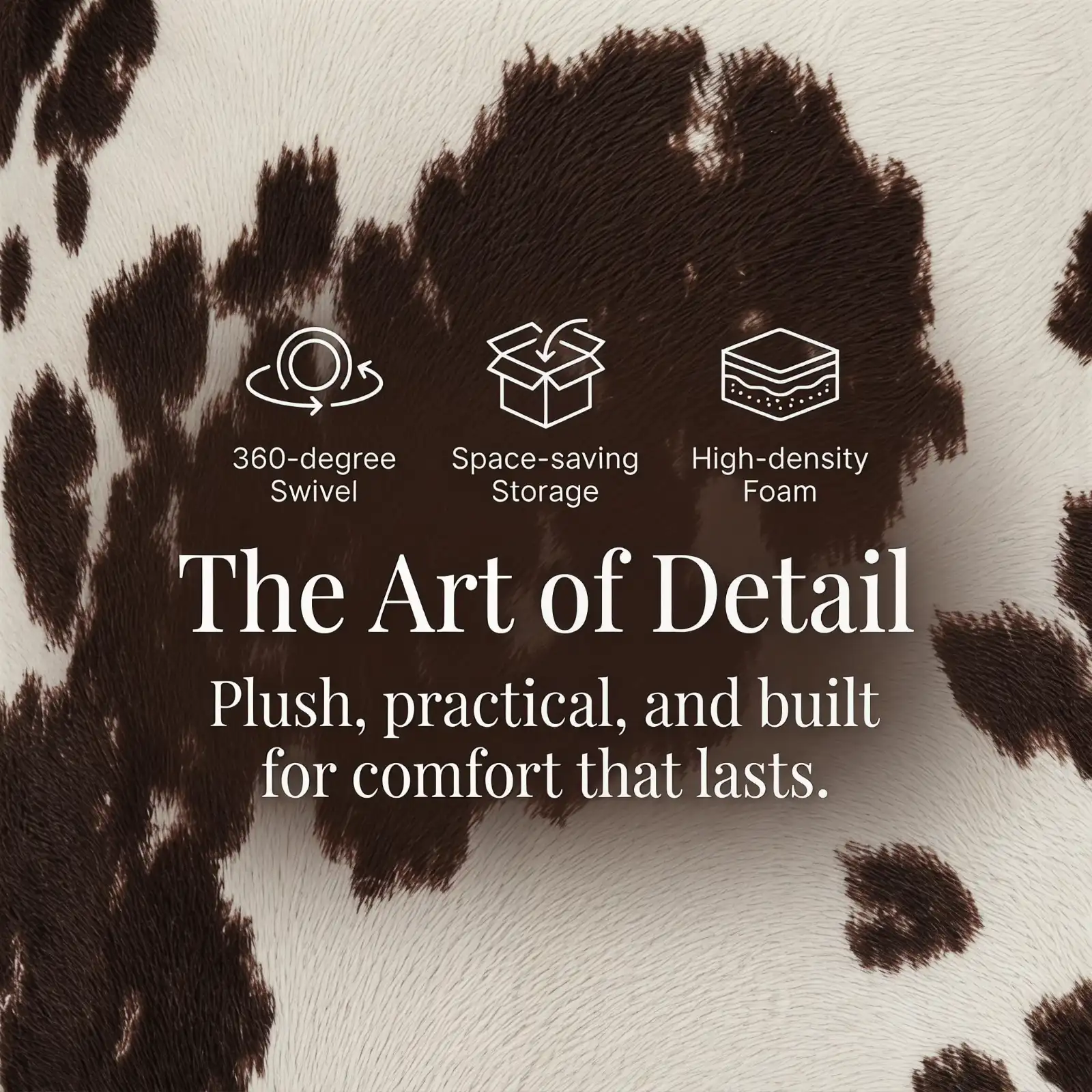 Cow Print Swivel Vanity Chair with Storage and Folding Back features