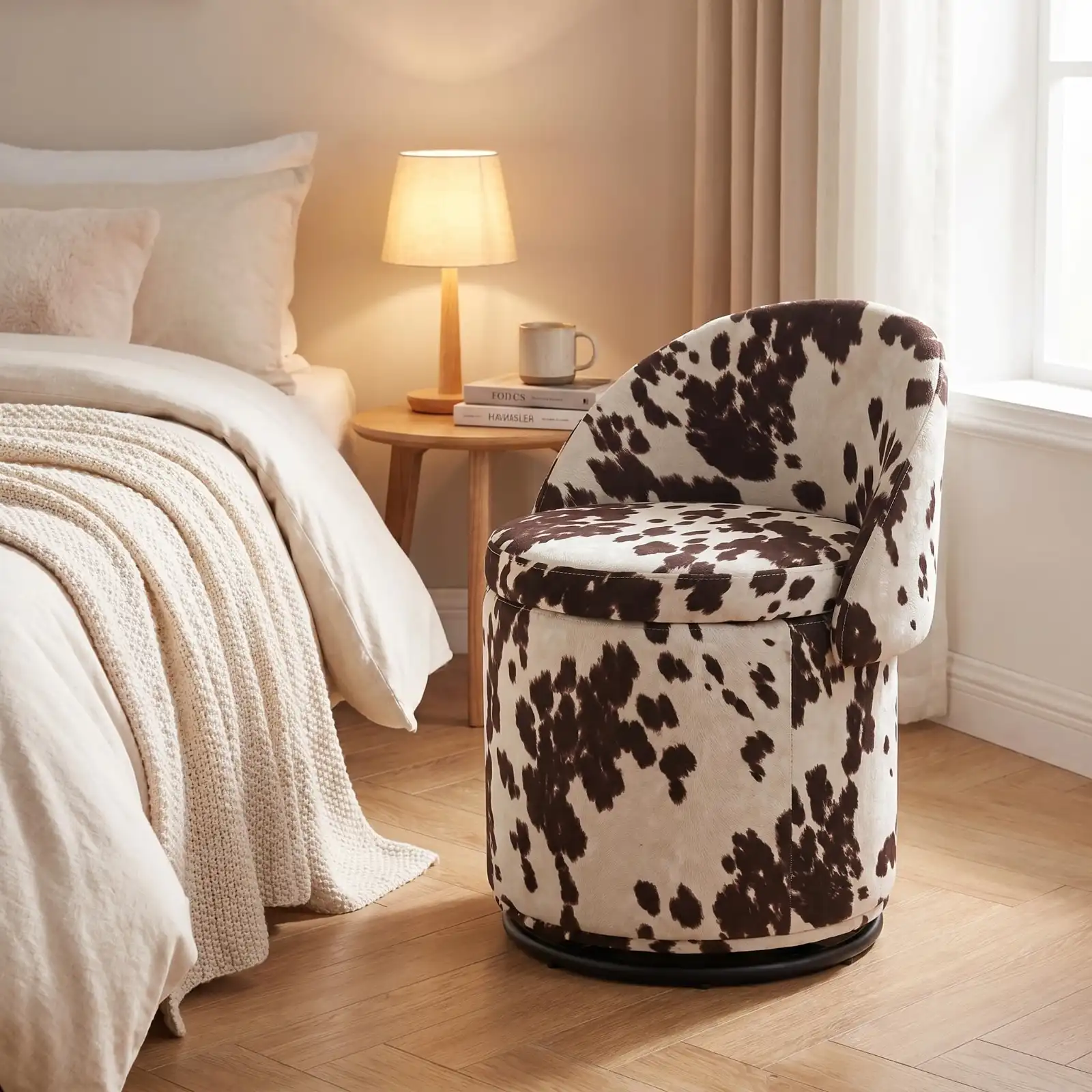 Cow Print Swivel Vanity Chair with Storage and Folding Back results