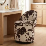 Cow Print Swivel Vanity Chair with Storage and Folding Back