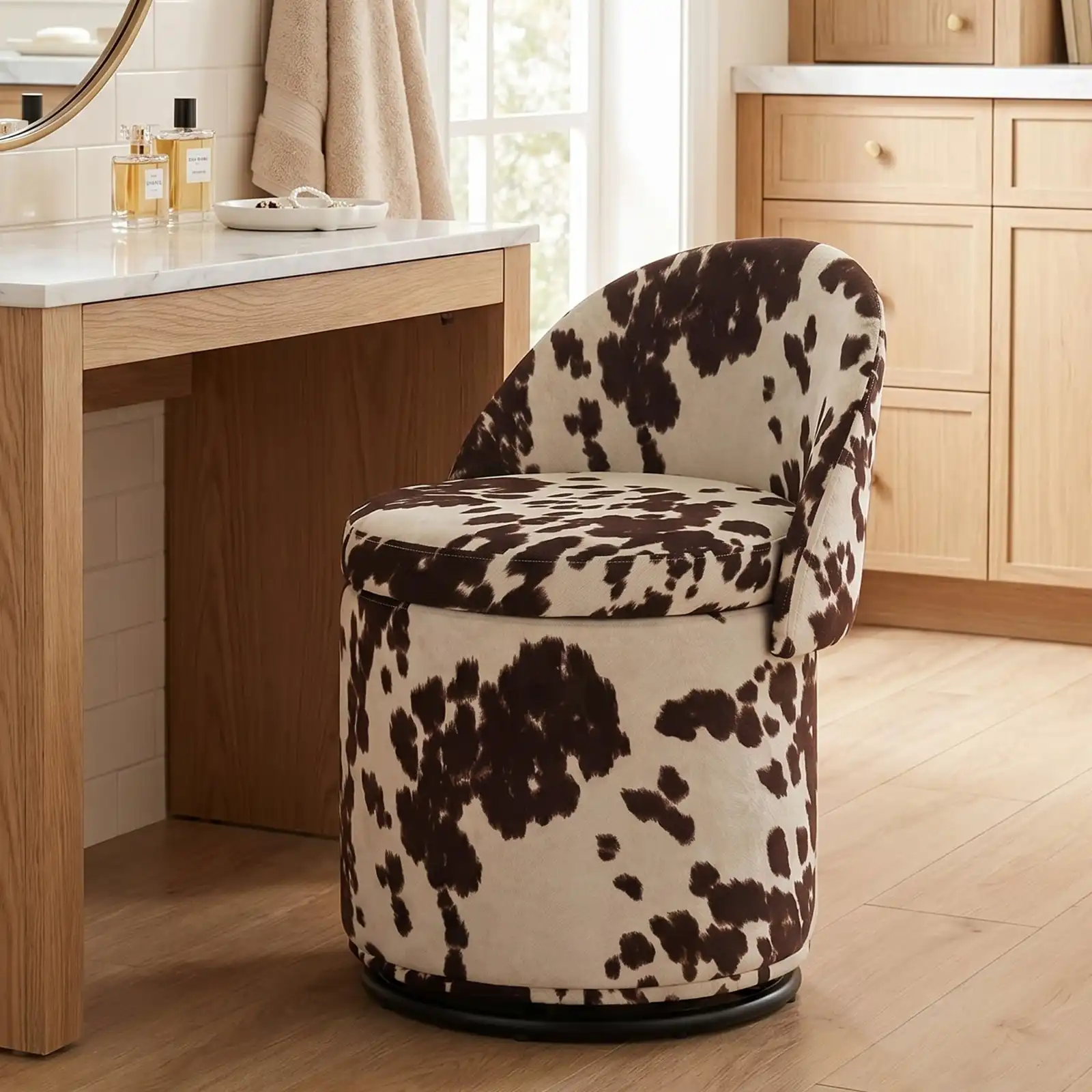 Cow Print Swivel Vanity Chair with Storage and Folding Back review