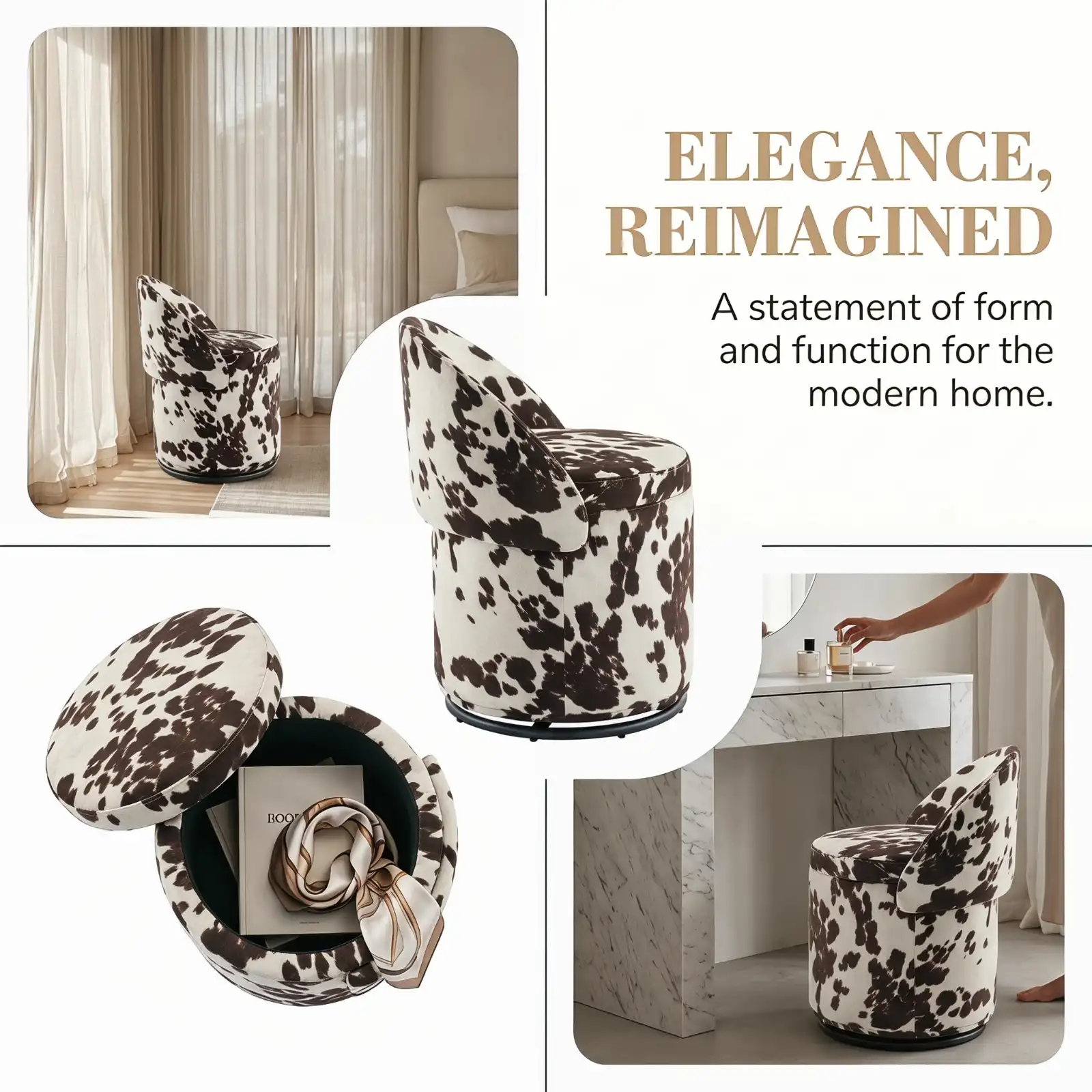 Cow Print Swivel Vanity Chair with Storage and Folding Back showcase