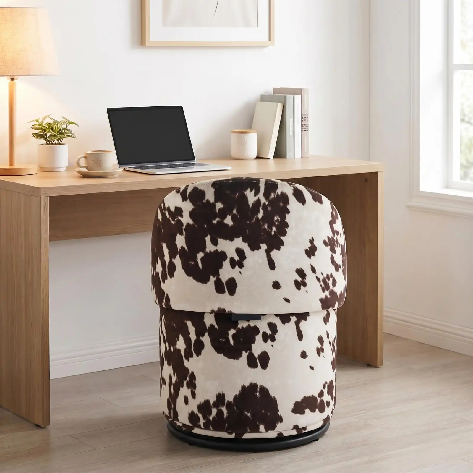 Cow Print Swivel Vanity Chair with Storage and Folding Back unboxing