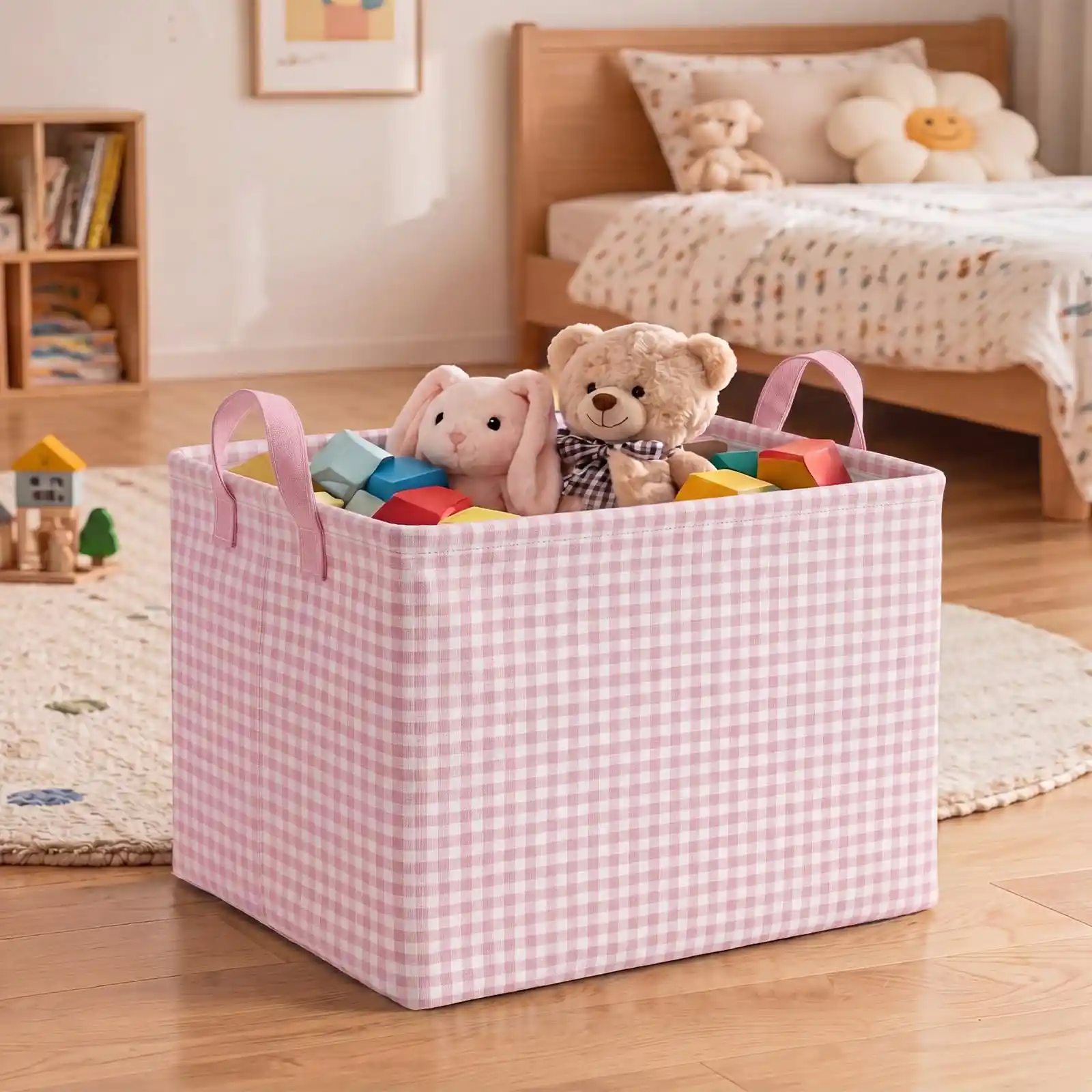 Hushee Pink Checkered Storage Basket Collapsible Gingham Organizer texture