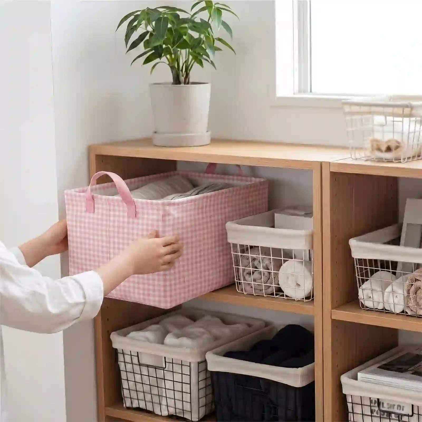 Hushee Pink Checkered Storage Basket Collapsible Gingham Organizer unboxing