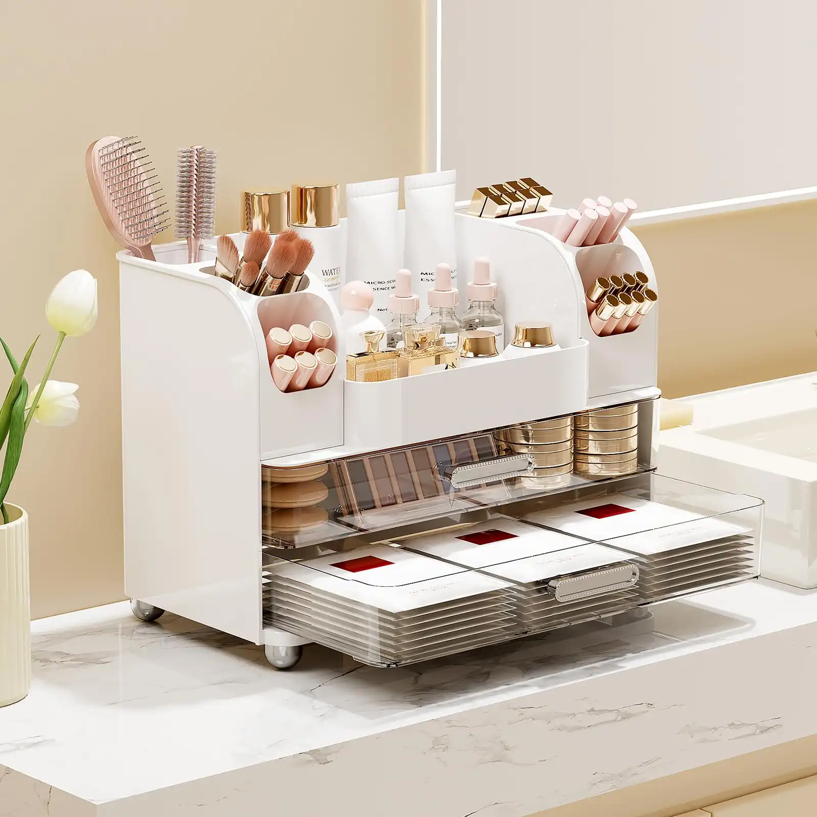 Makeup Organizer for Vanity with 2 Large Drawers detail
