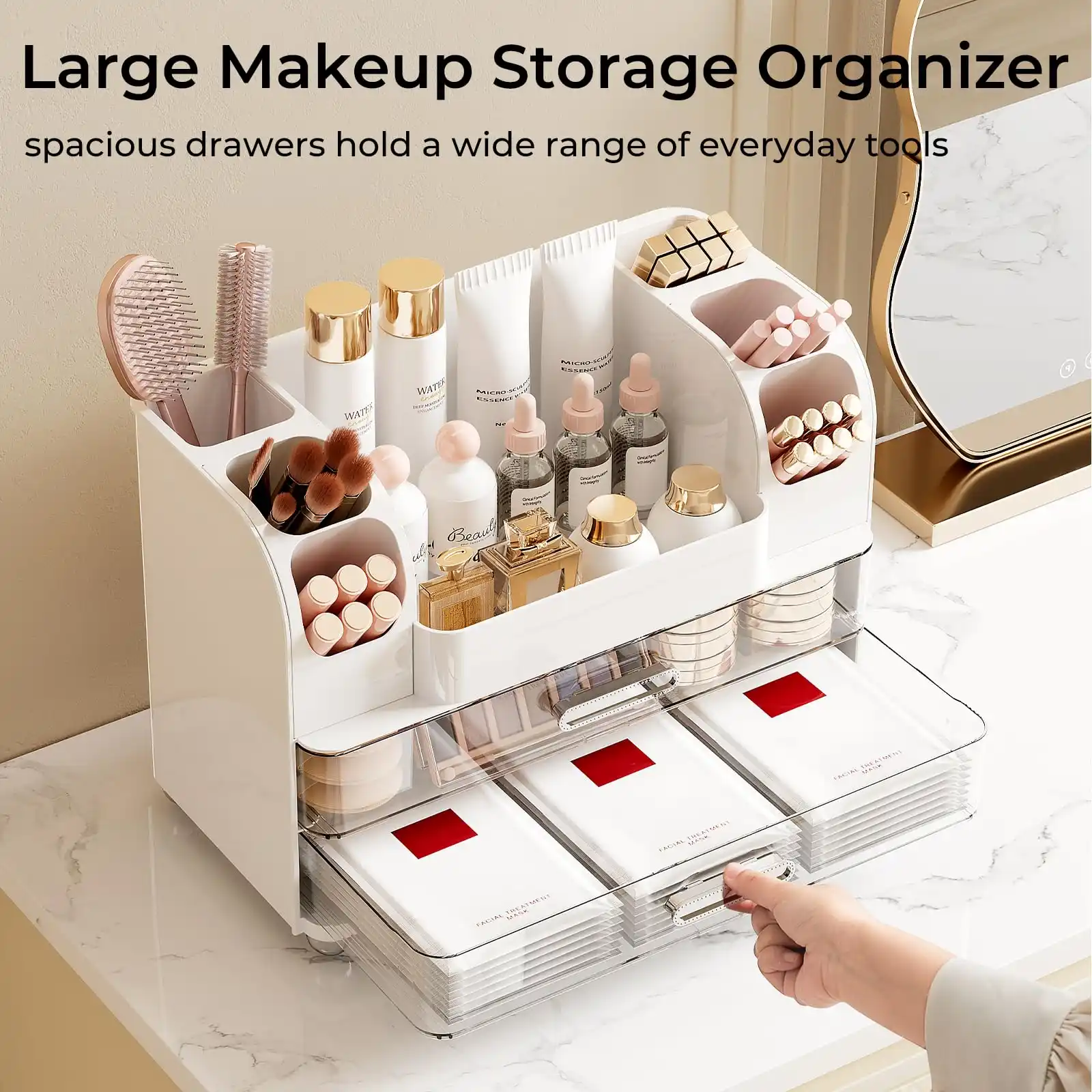 Makeup Organizer for Vanity with 2 Large Drawers features