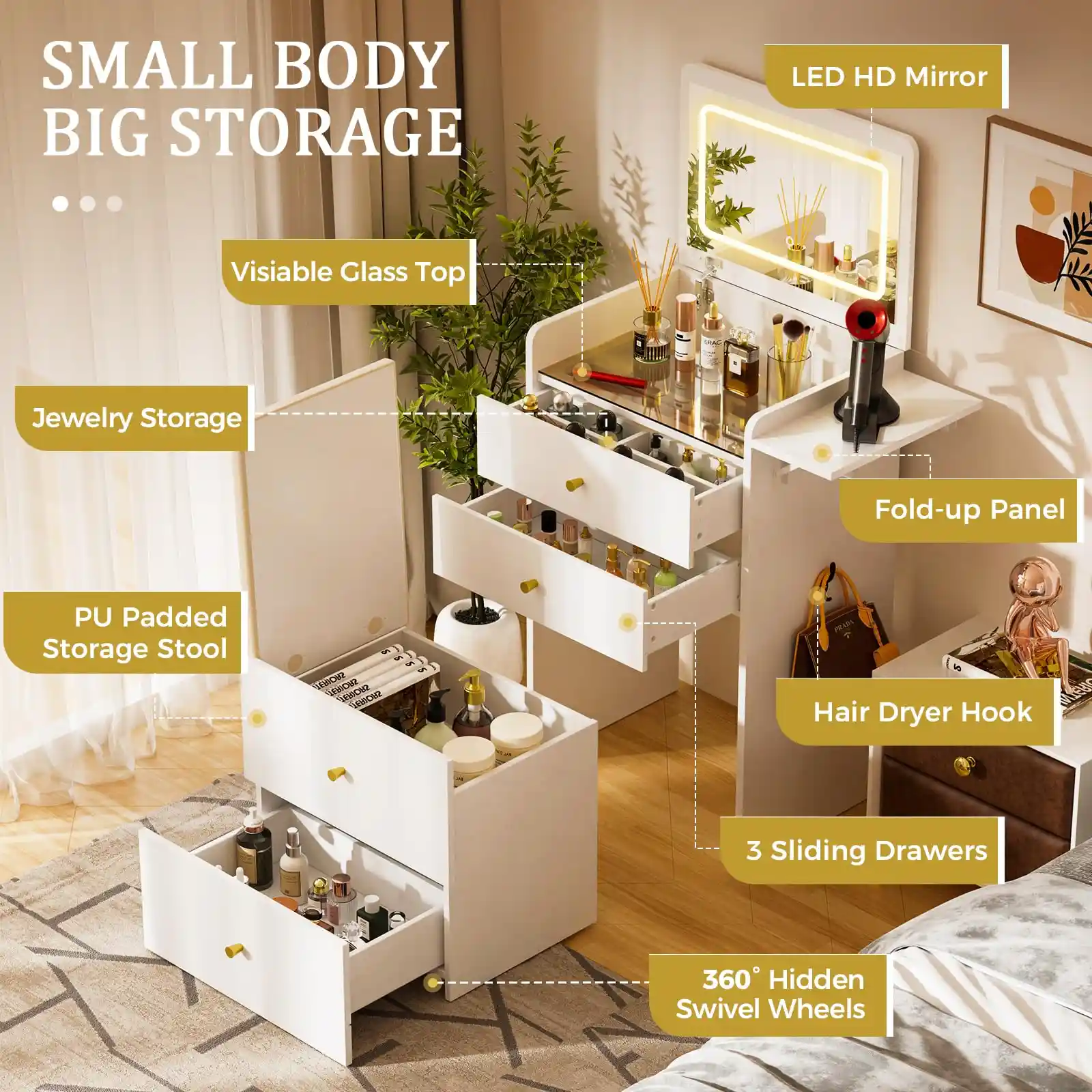 Makeup Vanity Desk with Mirror and Lights features