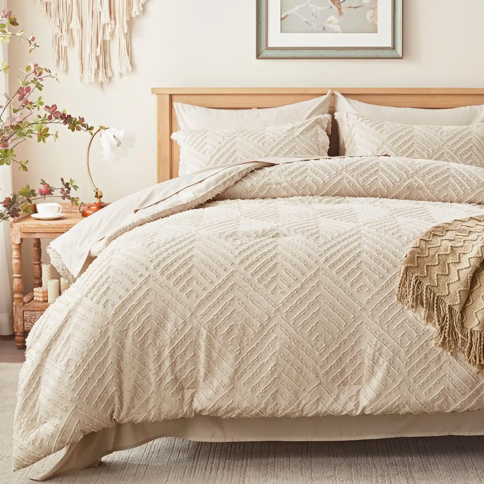 Queen Comforter Set 7 Pieces, Beige Bed in a Bag Queen Size review