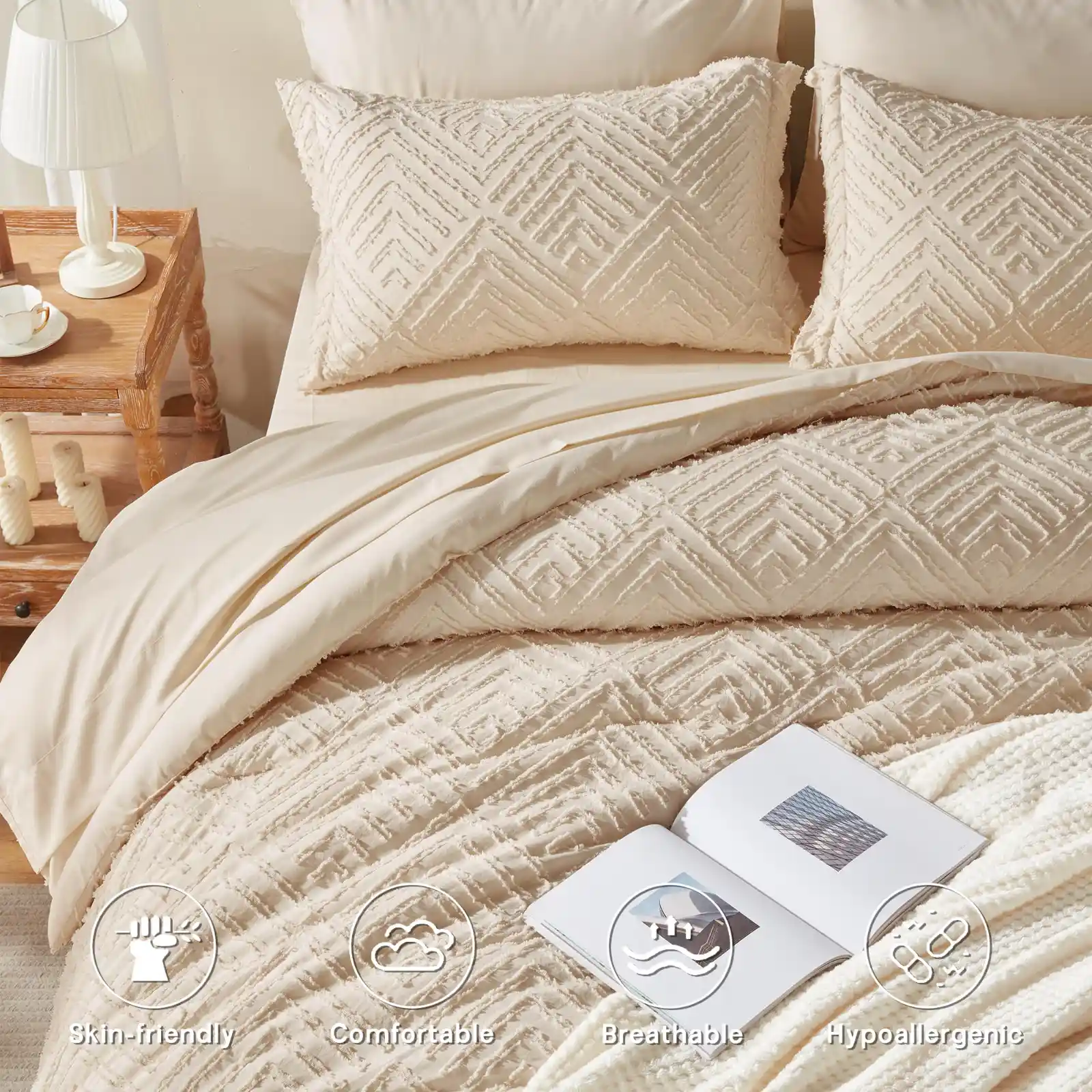Queen Comforter Set 7 Pieces, Beige Bed in a Bag Queen Size showcase
