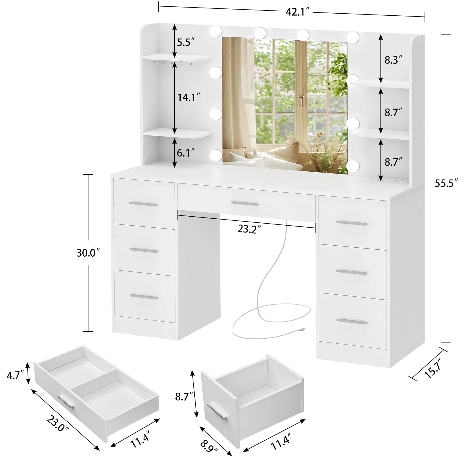 Quimoo Large Vanity Desk with LED Lighted Mirror & Power Outlet detail